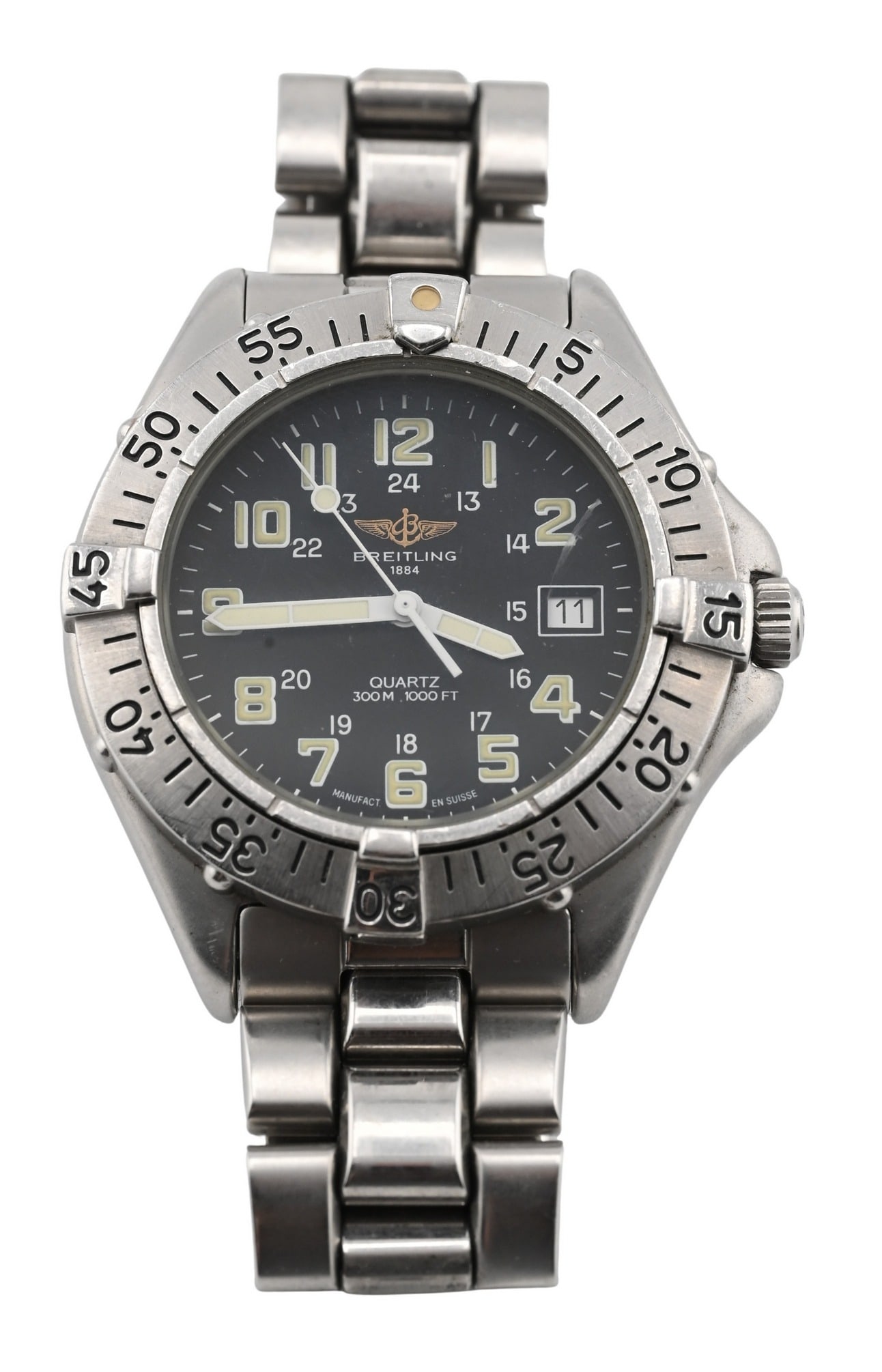 Breitling Reference A57035 Quartz Wristwatch: Breitling Reference A57035 Quartz Wristwatch Stainless steel quartz wristwatch with black dial, Arabic numeral hour markers, inner 24-hour scale, date aperture, and rotating bezel, dial signed