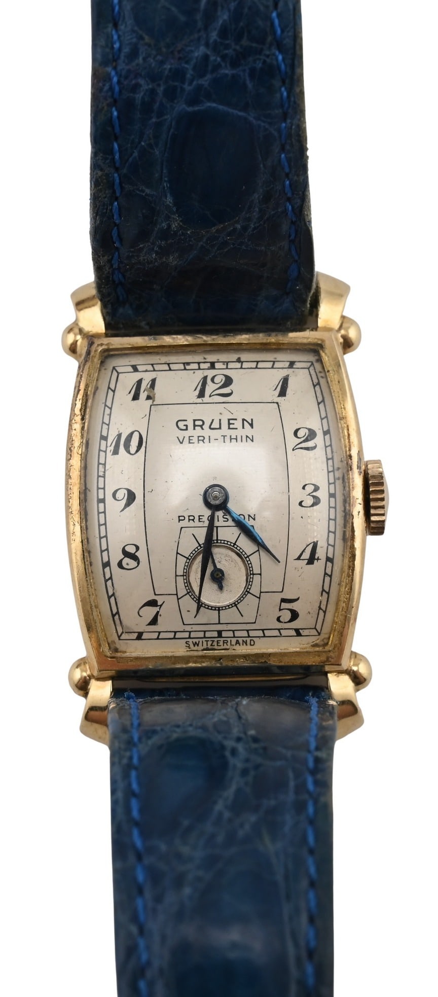 Gruen Veri-Thin 14K Yellow Gold Wristwatch: Gruen Veri-Thin 14K Yellow Gold Wristwatch manual wind wristwatch with rectangular case, silvered dial with Arabic numerals and subsidiary seconds dial, dial signed "Gruen Veri-Thin Precision"