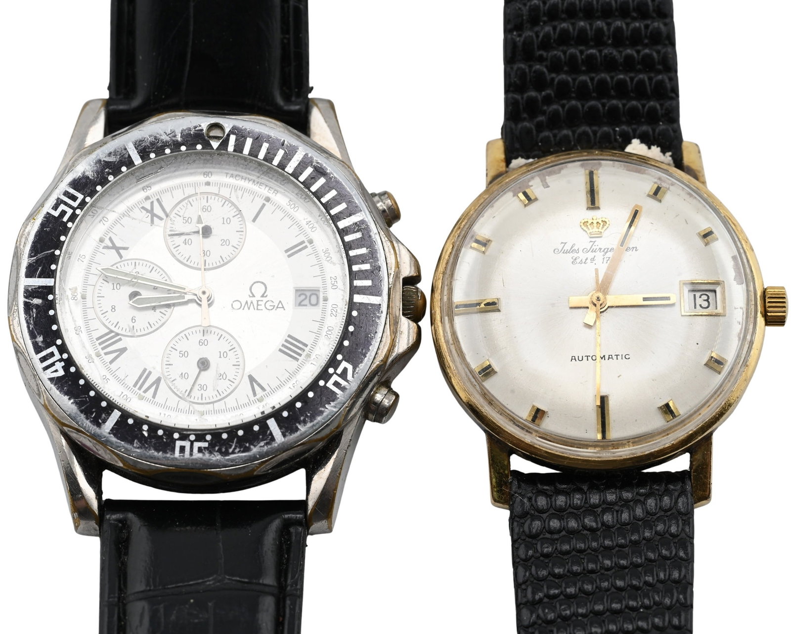 Two Wristwatches: Two Wristwatches to include a Jules Jürgensen 10K gold filled automatic wristwatch with silvered dial, applied baton hour markers, sweep seconds, and date aperture at 6 o'clock, signed dial, case