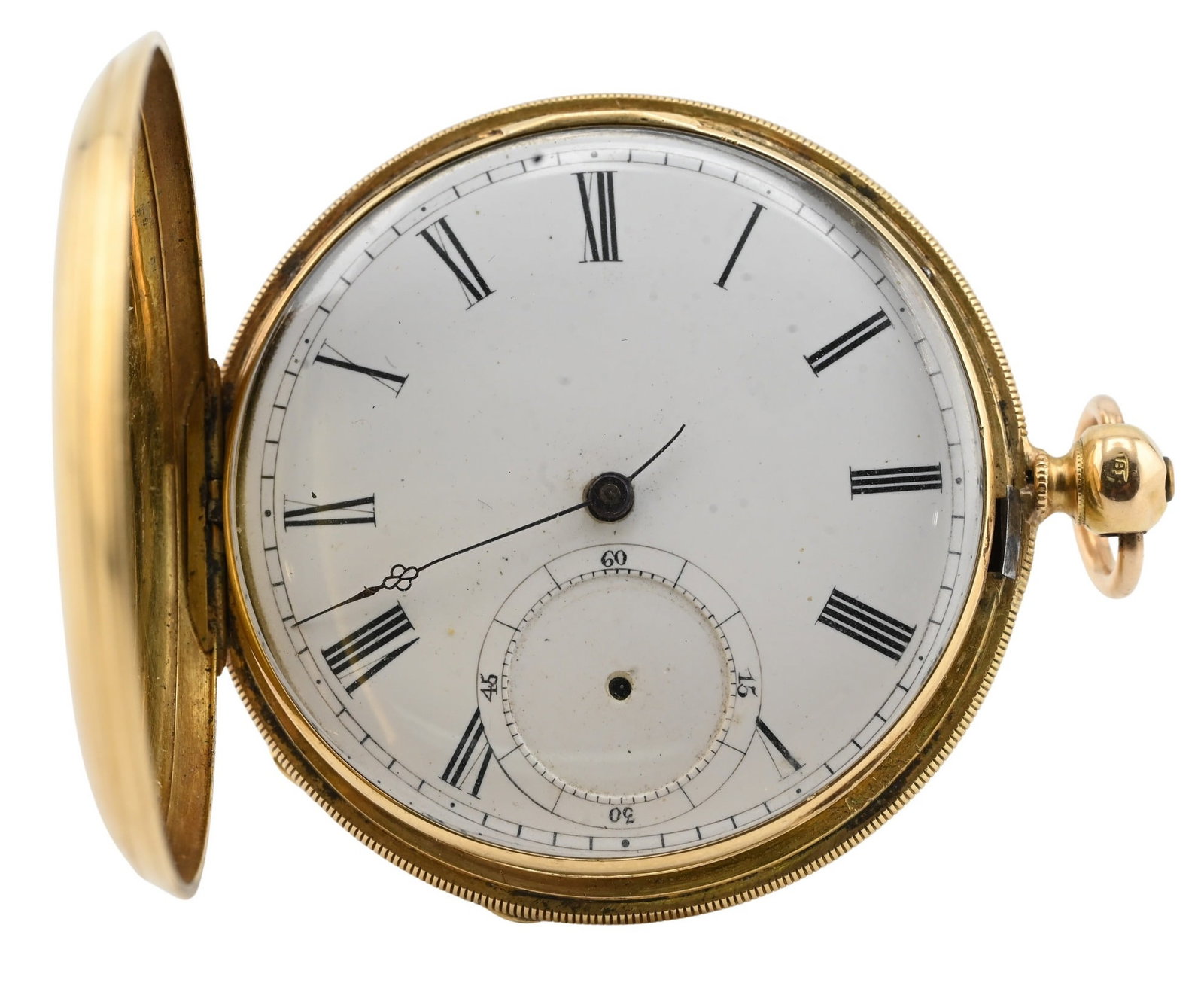 Stabilis Watch Co. Swiss 18k Yellow Gold Pocket Watch: Stabilis Watch Co. Swiss 18k Yellow Gold Pocket Watch Open face pocket watch with white enamel dial, Roman numerals, and subsidiary seconds dial, straight line lever, fully jeweled, engine turned oute
