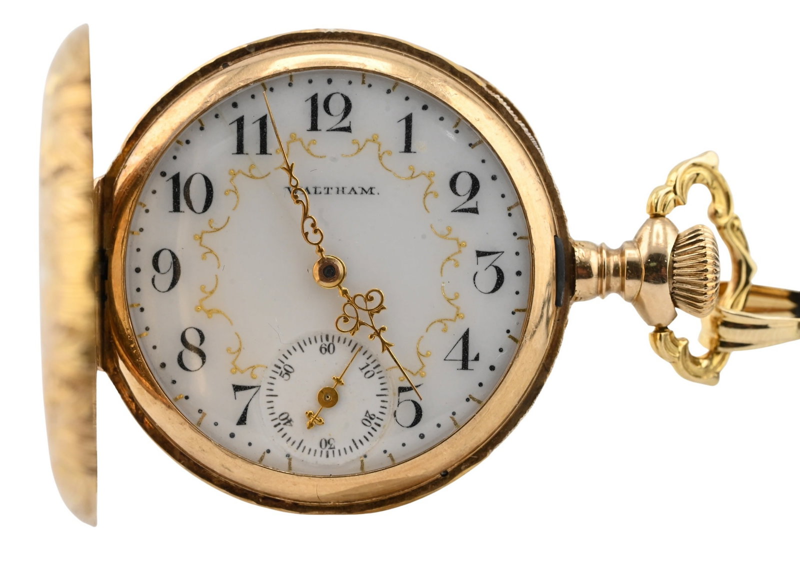 Waltham 14K Yellow Gold Hunter Case Pocket Watch: Waltham 14K Yellow Gold Hunter Case Pocket Watch open face movement housed in an engraved hunter case with foliate decoration and vacant cartouche, the enamel dial with Arabic numerals, subsidiary sec