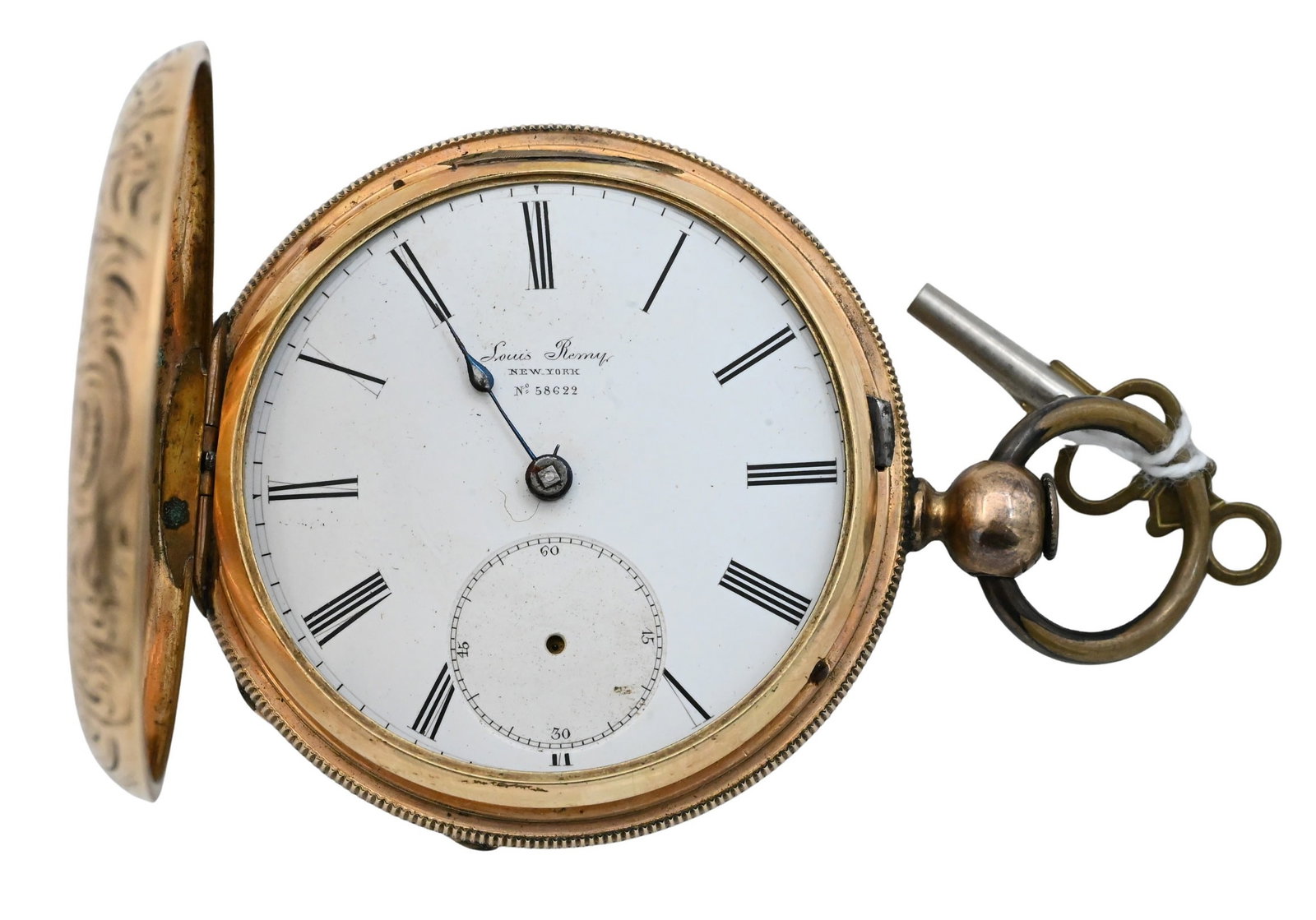 Louis Remy Heavy Yellow Gold Filled Hunter-Case Pocket Watch: Louis Remy Heavy Yellow Gold Filled Hunter-Case Pocket Watch marked Louis Remy, New York, No. 58622, with Roman numeral enamel dial, missing crystal and seconds hand, key-wind movement (key included).