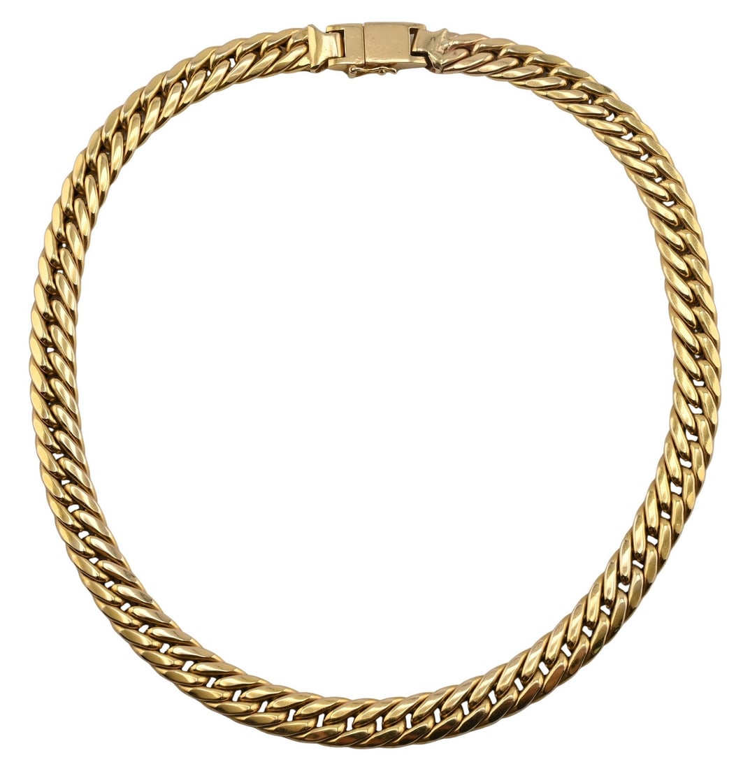 14K Yellow Gold Curb Link Necklace: 14K Yellow Gold Curb Link Necklace substantial curb link necklace composed of broad, polished interlocking links, fitted with a box clasp and safety latch, marked 14K with unidentified maker's mark 16
