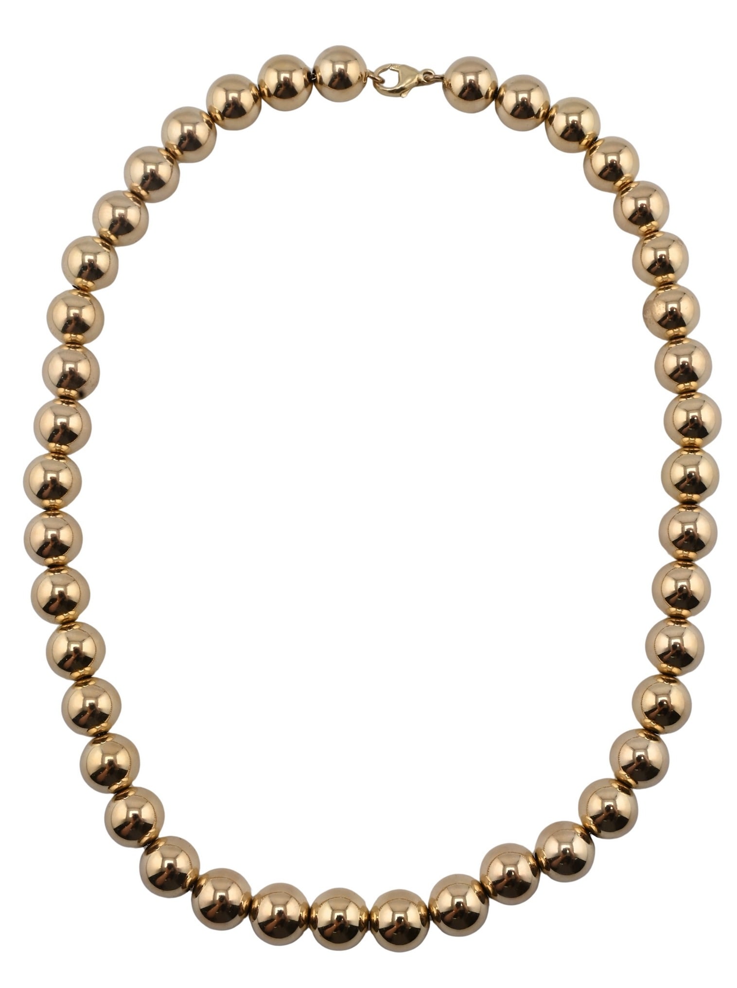 14K Yellow Gold Bead Necklace: 14K Yellow Gold Bead Necklace necklace composed of graduated polished gold beads, strung and fitted with a spring ring clasp, marked 14K 16 in. grams total weight 20.4 grams