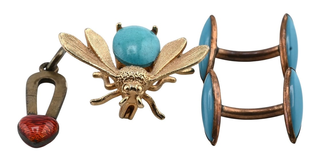 Group of Gold Tone And Gold Filled Jewelry Articles: Group of Gold Tone And Gold Filled Jewelry Articles Group to include a pair of blue enamel cufflinks, a bee-form brooch featuring a turquoise-colored stone body, and a small pendant having a red