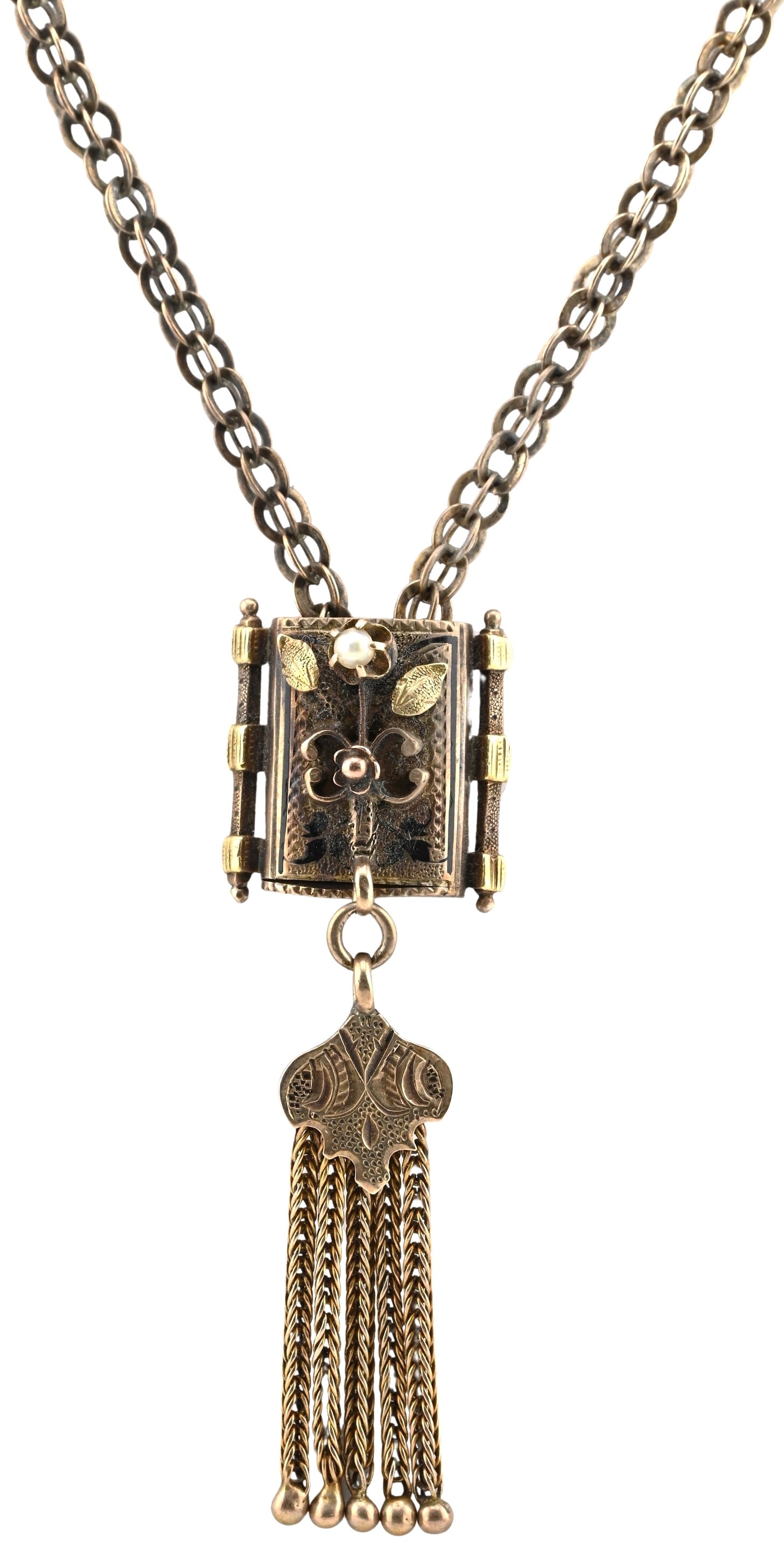 Victorian Gold Slide Chain Necklace: Victorian Gold Slide Chain Necklace having a long double-link chain centered by a decorative book-form slide locket featuring a raised fleur-de-lis motif and engraved detailing, the base set with a