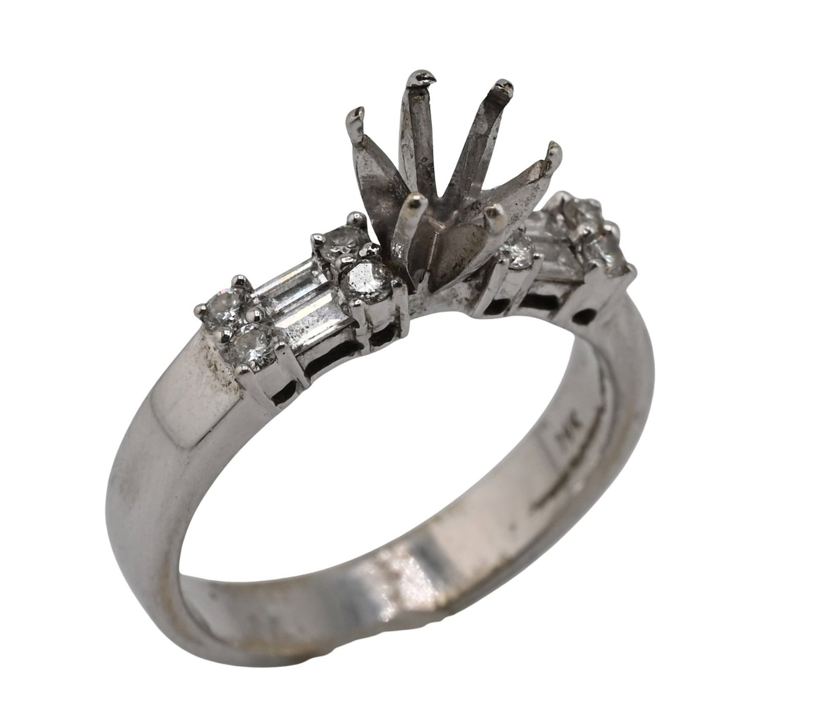 14K White Gold Engagement Ring Setting: 14K White Gold Engagement Ring Setting setting only, set with small round and baguette cut diamonds, size 7, total weight 5.0g.