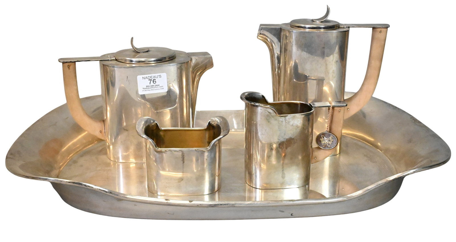 Five Piece Italian Modern Tea Set by Cesa: Five Piece Italian Modern Tea Set by Cesa comprising of large tray, tea pot, coffee pot, creamer and sugar bowl, with original hang tag, all marked 800 silver tallest 7 inches, tray 12 1/2" x 21