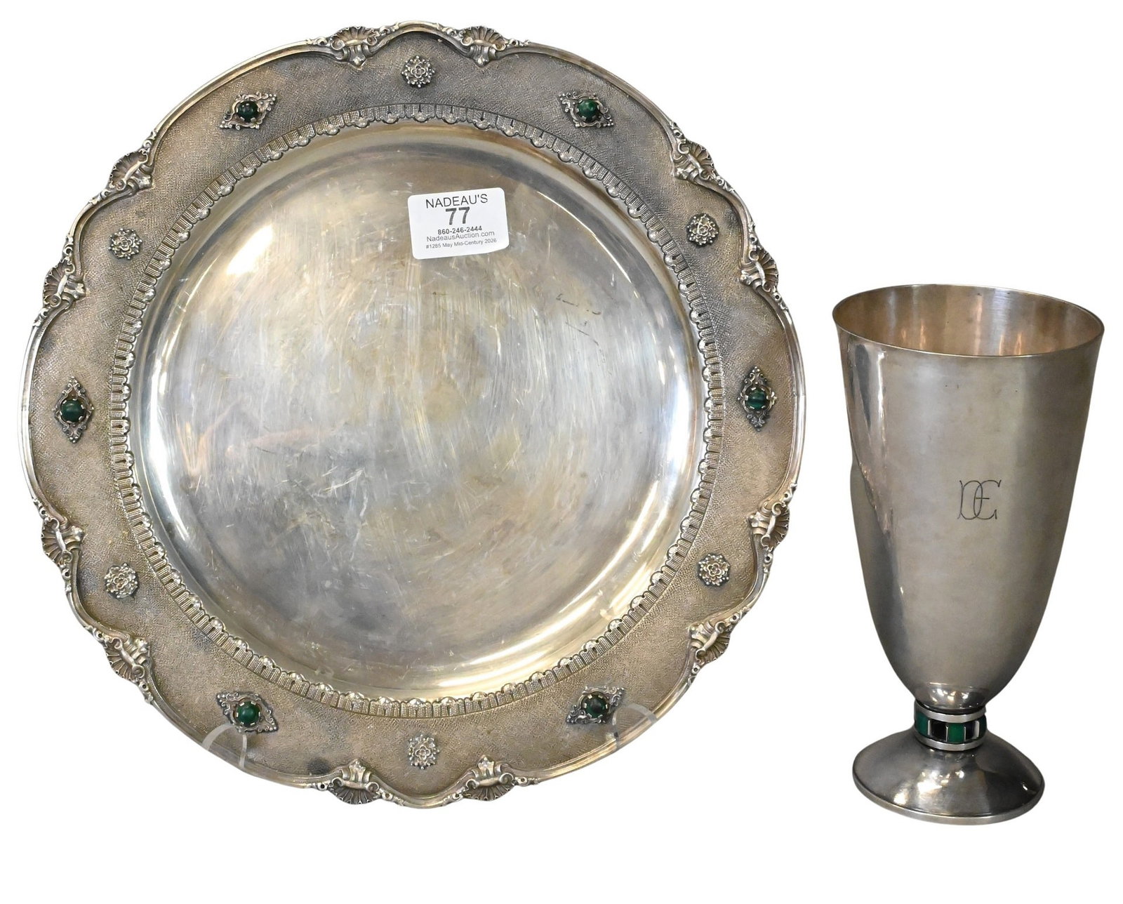 Two Piece Silver Group: Two Piece Silver Group to include 800 silver tray set with cabochon cut malachite 12 inch diameter, 21.8 troy ounces, along with sterling modernist vase set with square cut green stones, marked "KM,"