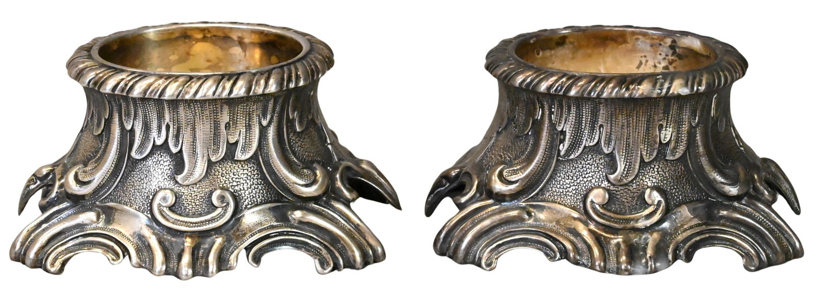 Pair of George III Sterling Silver Open Salts: Pair of George III Sterling Silver Open Salts makers mark of "W.E." (William Easton), having gold wish bowls, date marked "T" (1814) height 2 inches, 3 3/4" x 4", weight 12.1 troy ounces