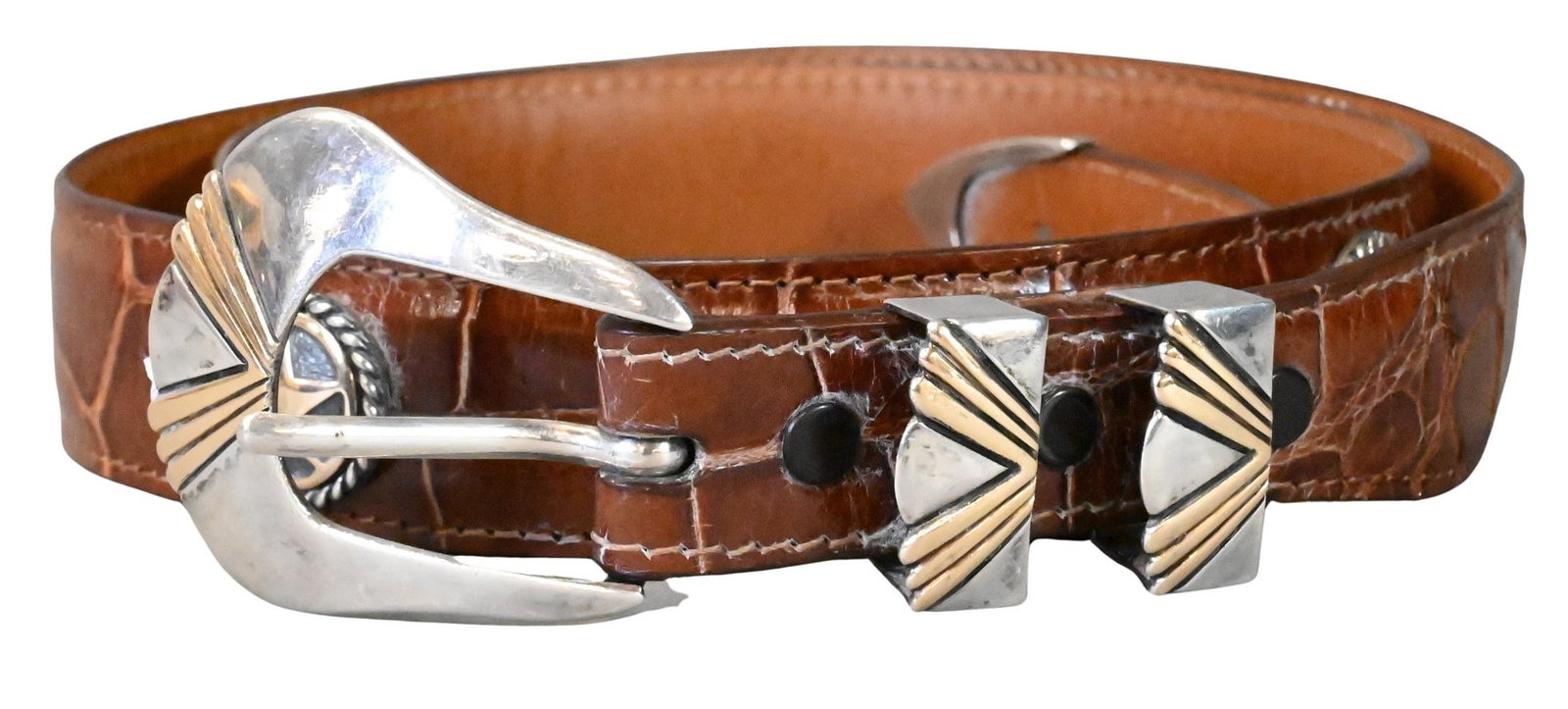 Randall Moore 14K Gold and Sterling Silver Belt: Randall Moore 14K Gold and Sterling Silver Belt having six sterling rondels inset with 14K gold stars, along with sterling and 14K gold inset buckle and loops, on a Tom Taylor Allistar belt total