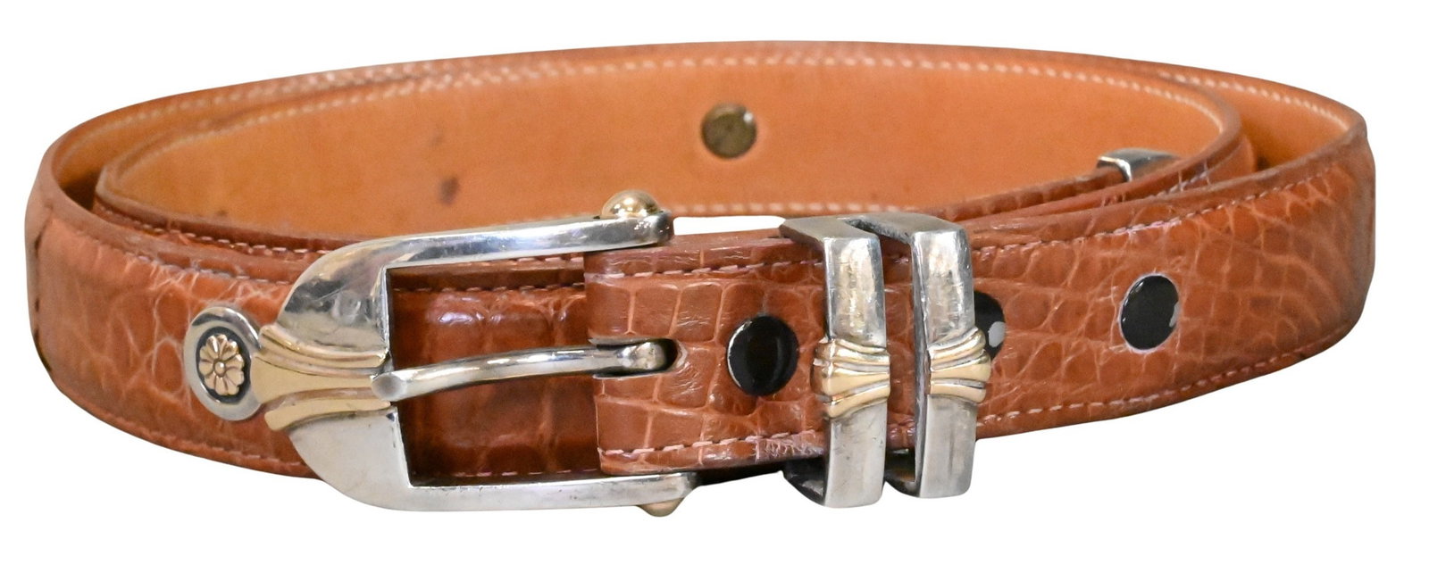 James Reid 14K Gold and Sterling Silver Belt: James Reid 14K Gold and Sterling Silver Belt having five sterling randels inset with 14K gold flowers, along with sterling silver and 14K gold inset buckle and loops, on a James Reid Ltd. Alligator