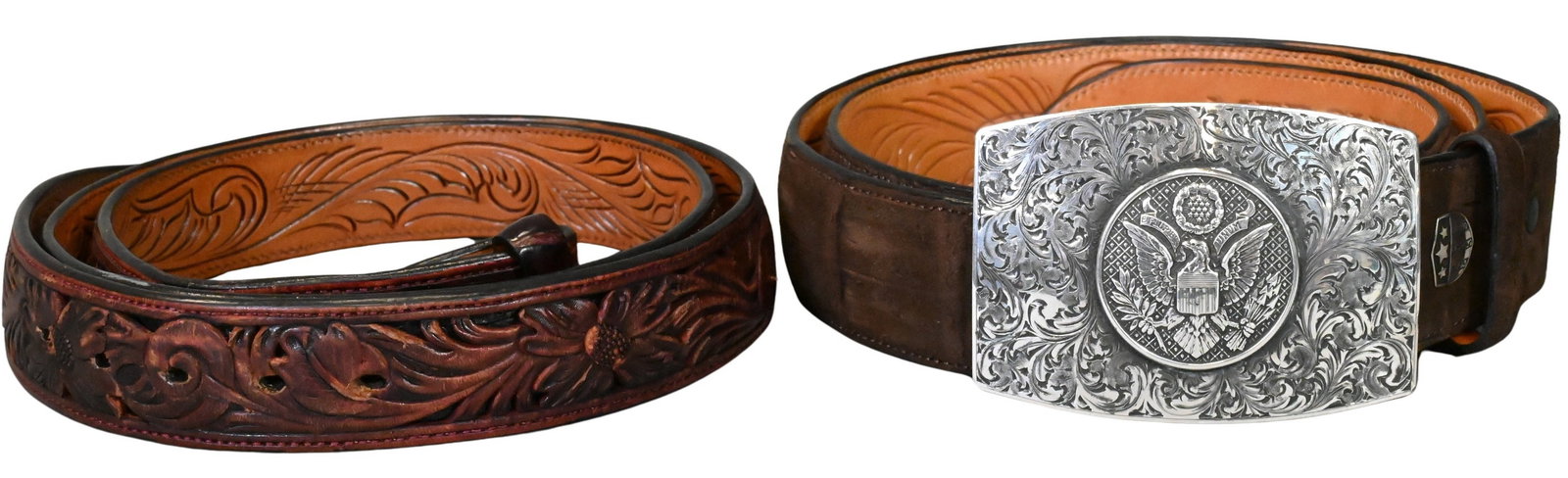 The Mason Seal by Comstock Heritage Sterling Silver Belt Buckle: The Mason Seal by Comstock Heritage Sterling Silver Belt Buckle having the presidential seal on a mercury leather works belt, along with a second mercury belt buckle 2" x 3", total belt lengths 48