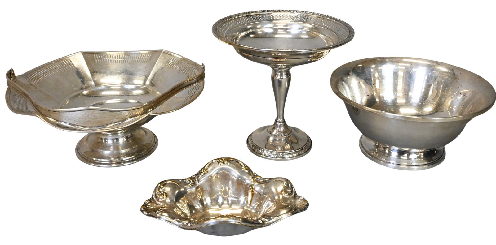 Three Piece Sterling Silver Group: Three Piece Sterling Silver Group to include an Ariston 8 inch diameter bowl, pierced floral form handled basket 10 inch diameter, with weighted footed compote 6 1/2 inch height, along with silver