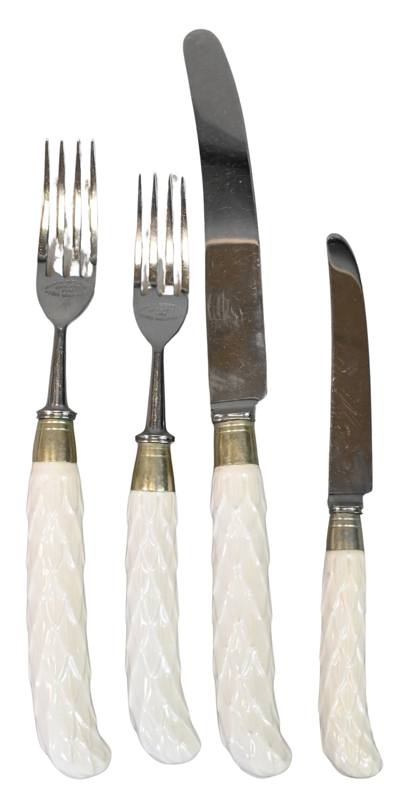 42 Piece English Porcelain Flatware for Syrie Maugham (1879-1955) Group: 42 Piece English Porcelain Flatware for Syrie Maugham (1879-1955) Group to include 8 dinner forks, 8 luncheon forks, 10 dinner knives, 10 luncheon knives, along with 6 smaller knives, each marked