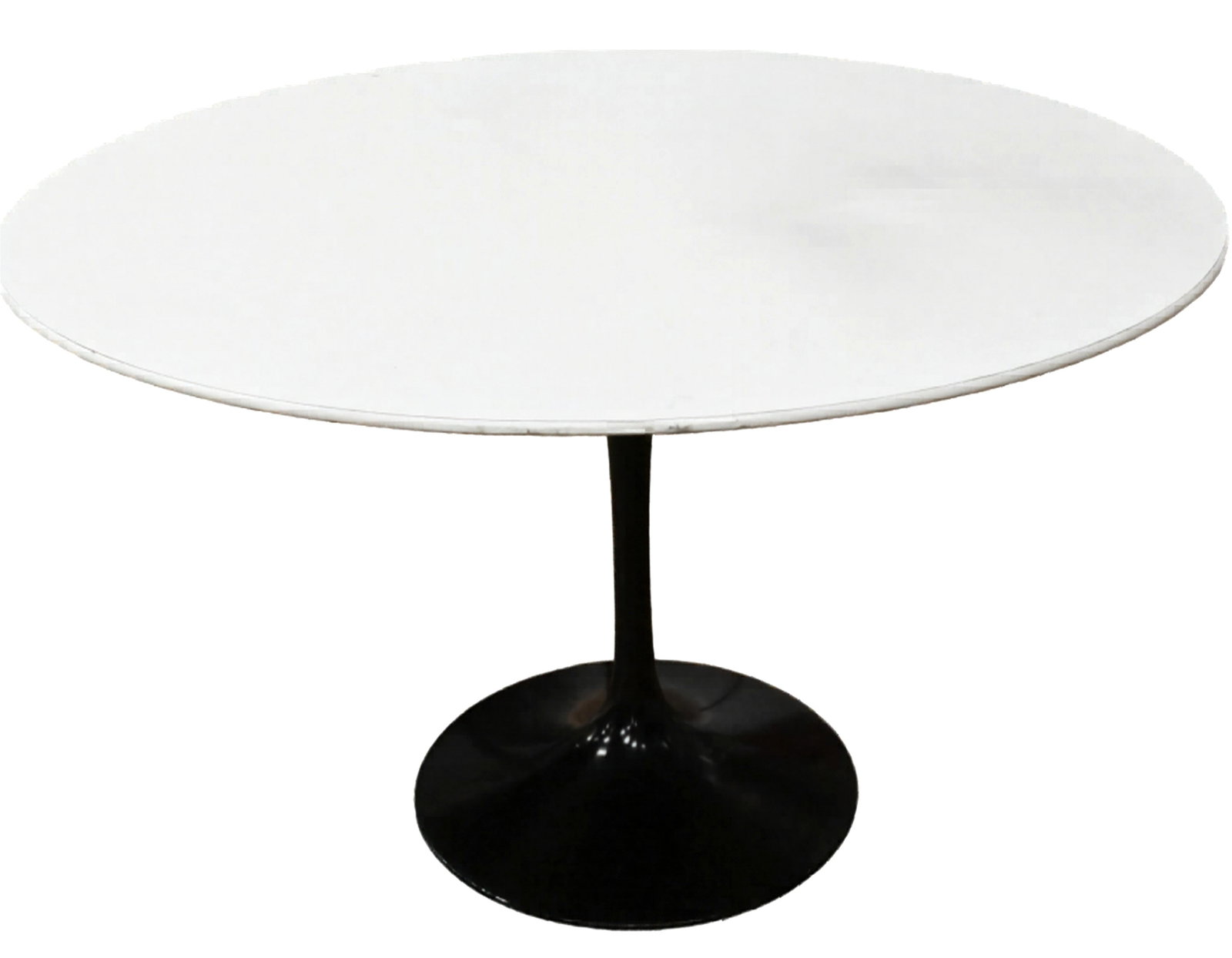 Eero Saarinen for Knoll Tulip Table: Eero Saarinen for Knoll Tulip Table having white laminate over wood round top, set on black enameled aluminum base height 28 inches, diameter 47 1/2 inches Reference: Current comparable examples retai