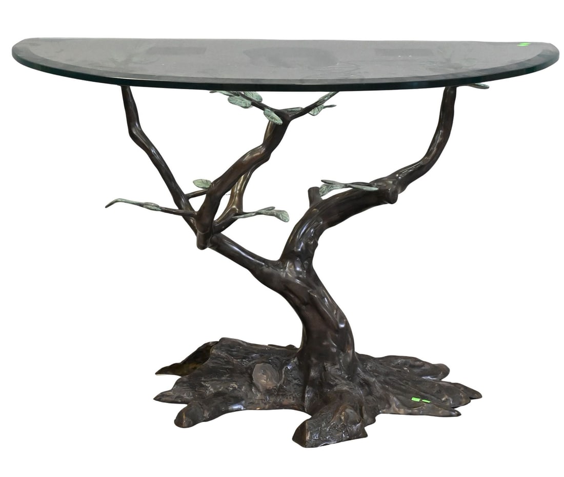 Bronze and Glass Tree Form Demilune Table: Bronze and Glass Tree Form Demilune Table having shaped beveled glass top set on Bonsai tree form bronze base height 30 inches, top 27" x 48 1/2"