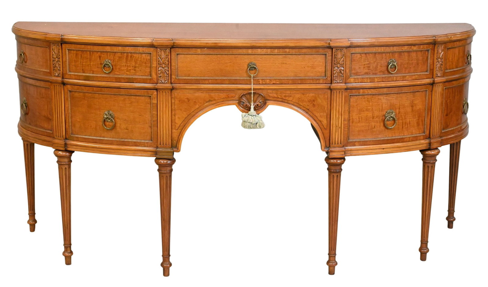 Sheraton Style Demilune Mahogany Sideboard: Sheraton Style Demilune Mahogany Sideboard having three drawers, two false drawers over four doors height 38 inches, top 24 3/4" x 80"