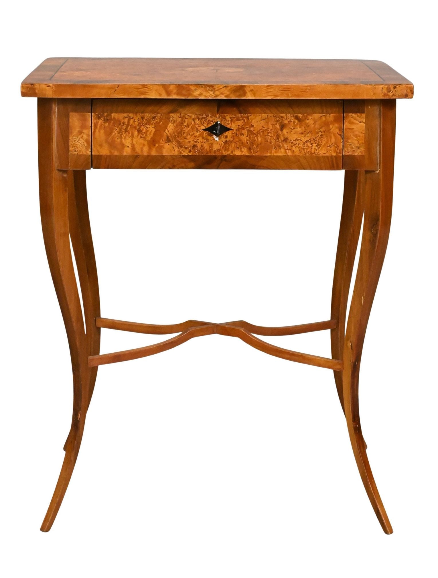 Biedermeier Burlwood Table: Biedermeier Burlwood Table having inlaid borders on four splayed delicate tapered legs height 29 inches, top 18 1/2" x 24"