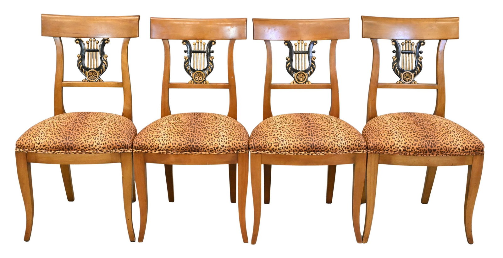 Set of Four Neoclassical Side Chairs: Set of Four Neoclassical Side Chairs having leopard style upholstered seats height 35 inches, width 18 inches, depth 16 inches, seat height 18 inches