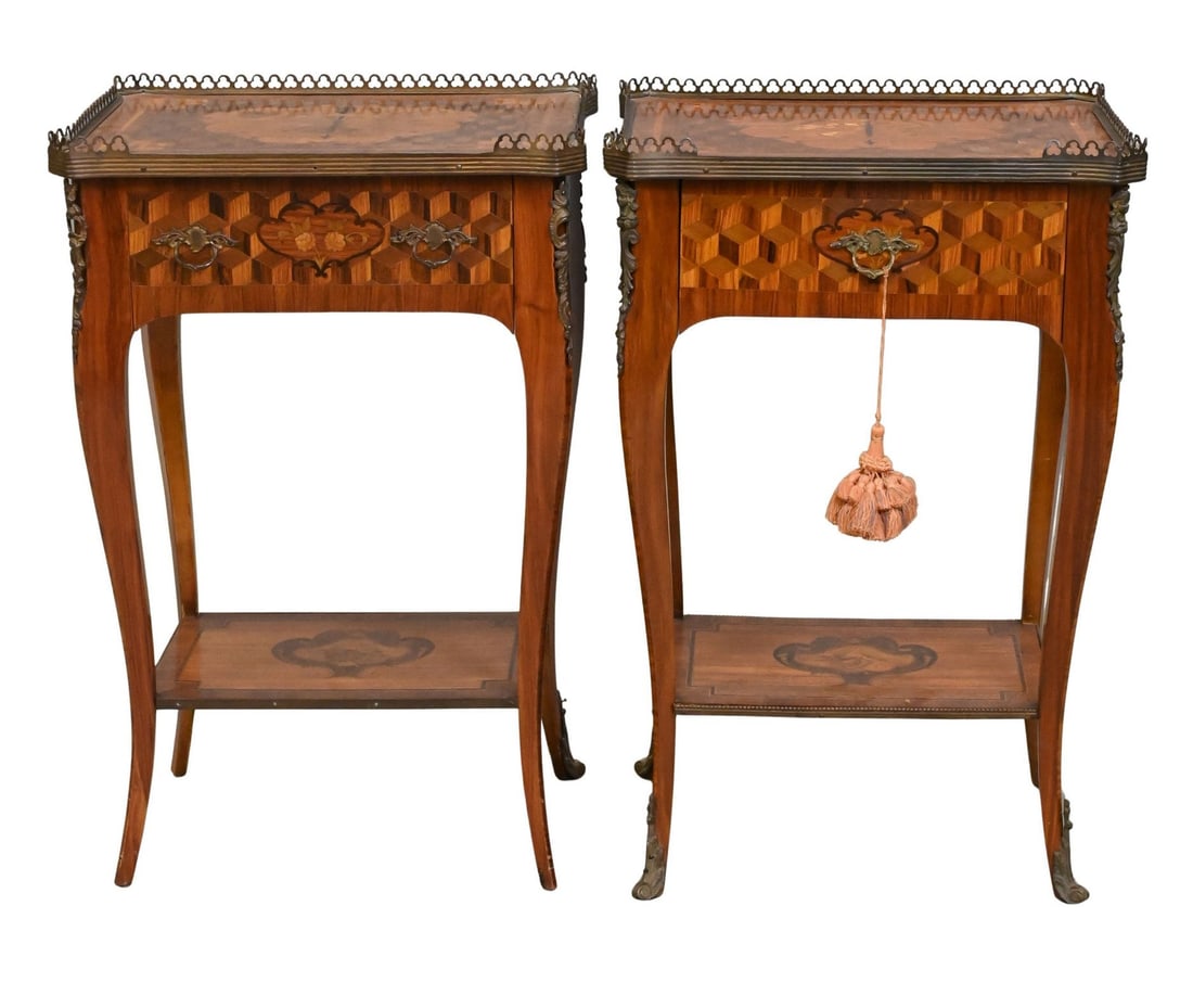 Near Pair of Louis XV Style One Drawer Stand: Near Pair of Louis XV Style One Drawer Stand having marquetry inlaid tops, brass galleries, and mounts (two mounts on one of the legs missing) height 27 inches, top 14" x 17 1/2"