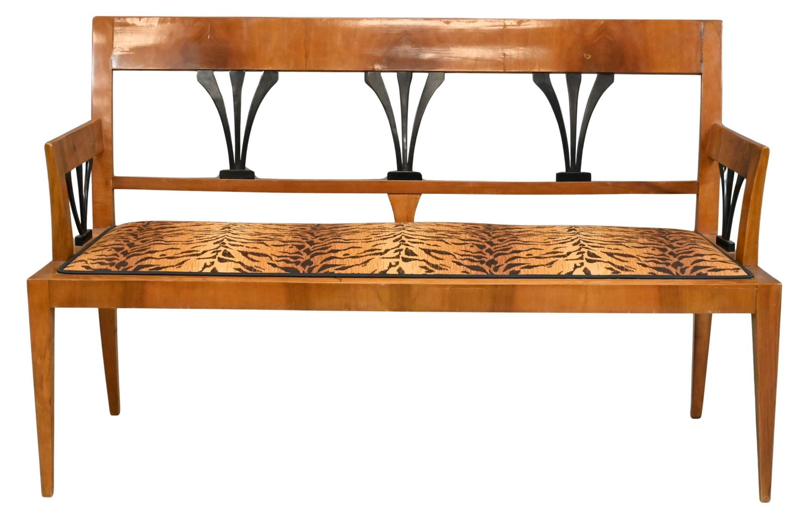 Art Deco Biedermeier Style Bench: Art Deco Biedermeier Style Bench having tiger pattern upholstery height 34 1/2 inches, length 55 1/2 inches, seat height 17 inches, depth 18 1/2 inches