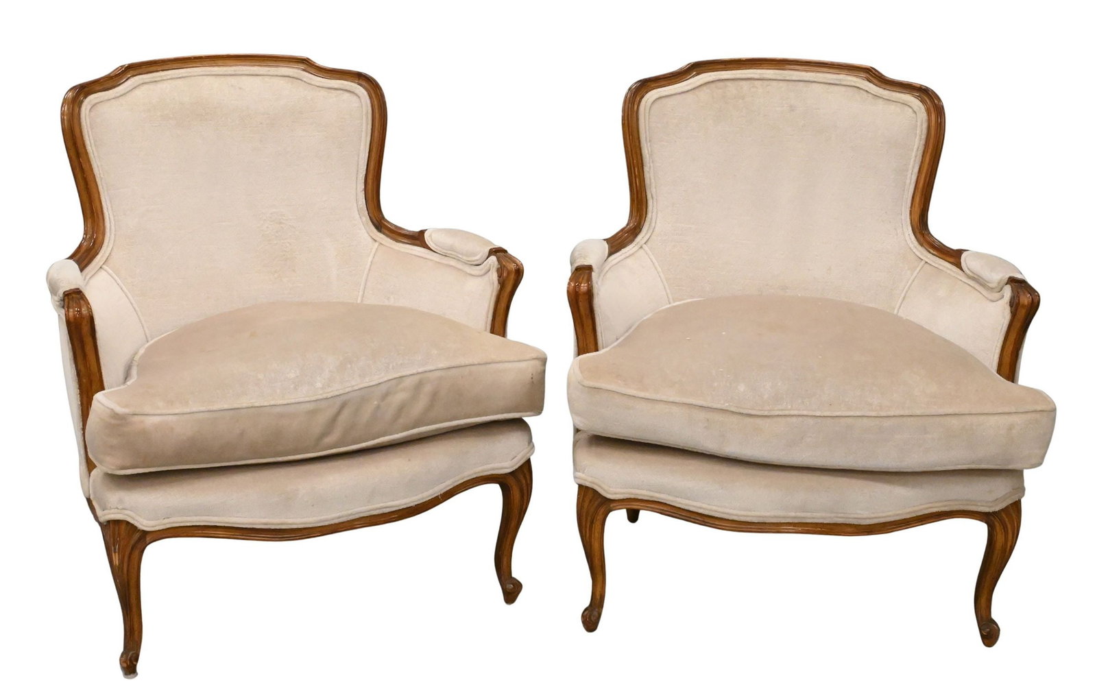 Pair of Louis XV Style Upholstered Bergeres: Pair of Louis XV Style Upholstered Bergeres set on cabriole legs height 34 inches, width 29 inches