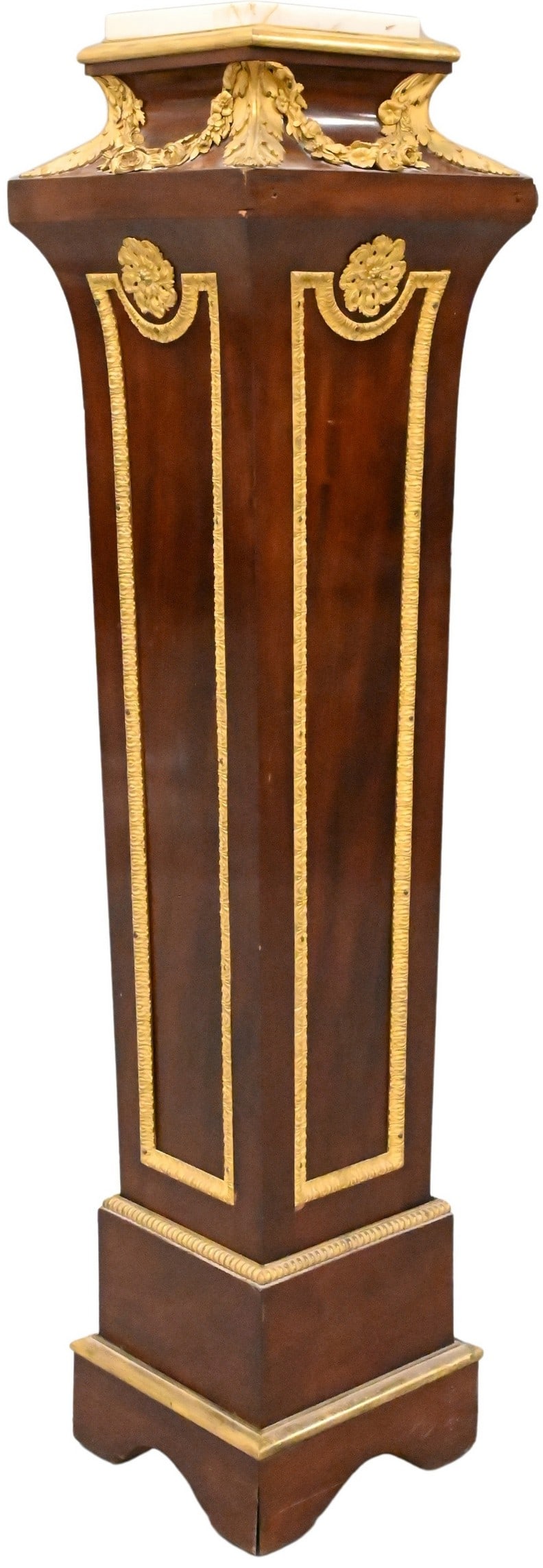 French Neoclassical Style Ormolu Mounted Pedestal: French Neoclassical Style Ormolu Mounted Pedestal Tapered mahogany pedestal featuring applied gilt bronze mounts including foliate swags, rosettes, and classical ornament, having a marble inset top.