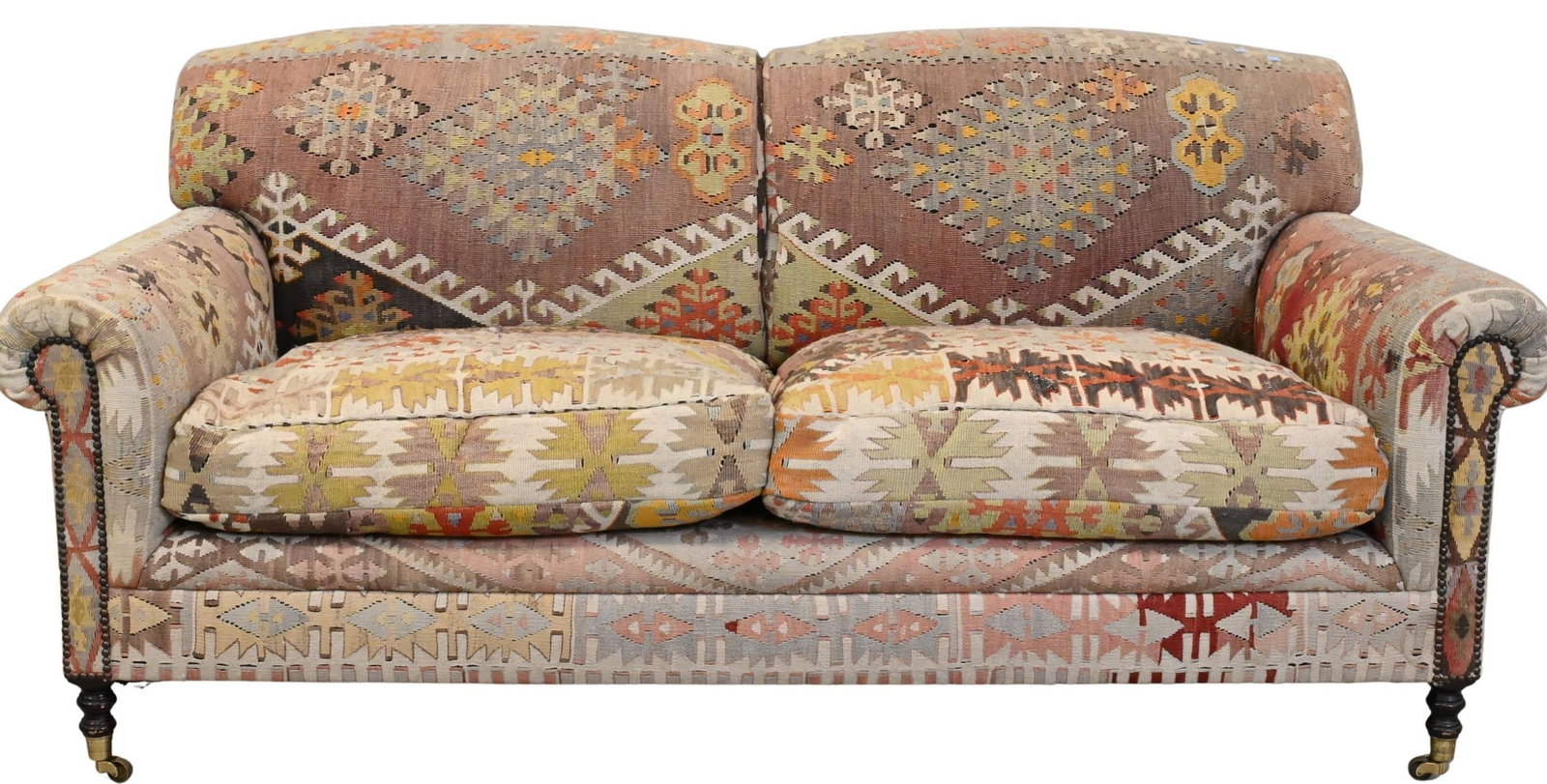 George Smith Small Two Cushion Sofa in Killam Upholstery: George Smith Small Two Cushion Sofa in Killam Upholstery on turned legs height 34 inches, length 73 inches, depth 38 inches