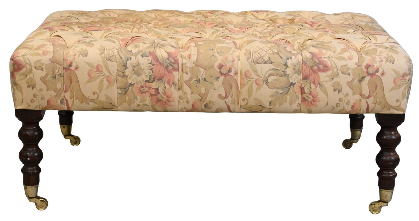 George Smith Upholstered Ottoman: George Smith Upholstered Ottoman having tufted top, marked on underside George Smith with oval plaque, in need of reupholstery height 17 inches, top 29" x 41"