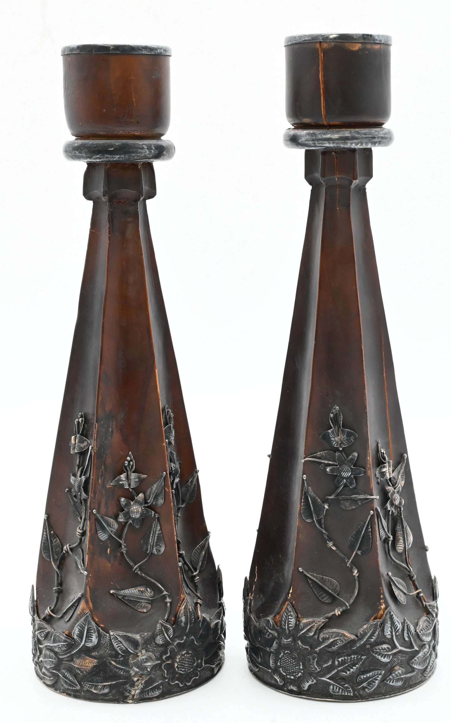 Pair Art Nouveau Style Silver Overlay and Wood Candlesticks (1 of 5)