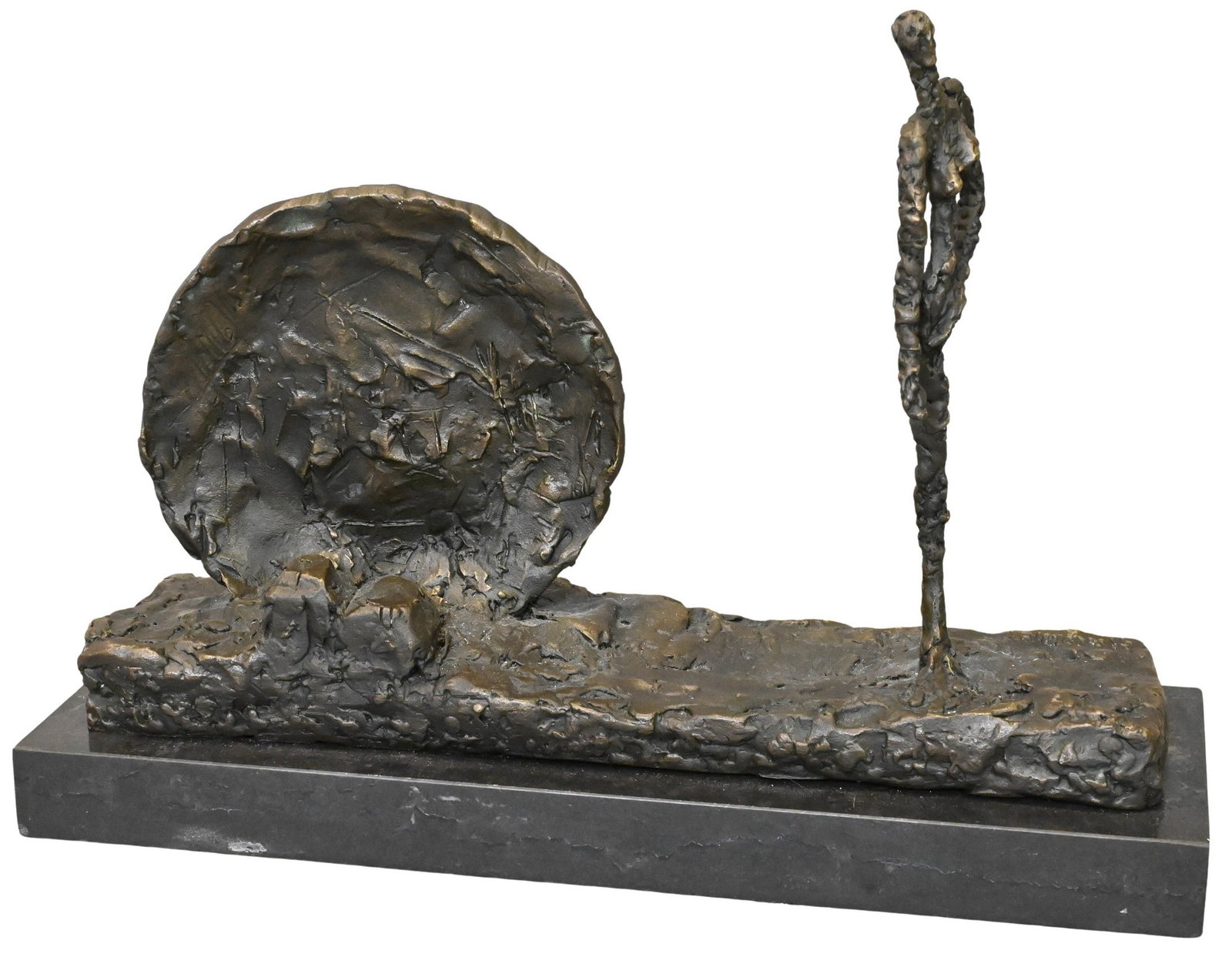 After Alberto Giacometti (Swiss 1901-1966): After Alberto Giacometti (Swiss 1901-1966) "Femme Avec Roue" Women Beside Sun or Wheel Patinated bronze Marked Giacometti to base Height 10 inches, length 14 inches