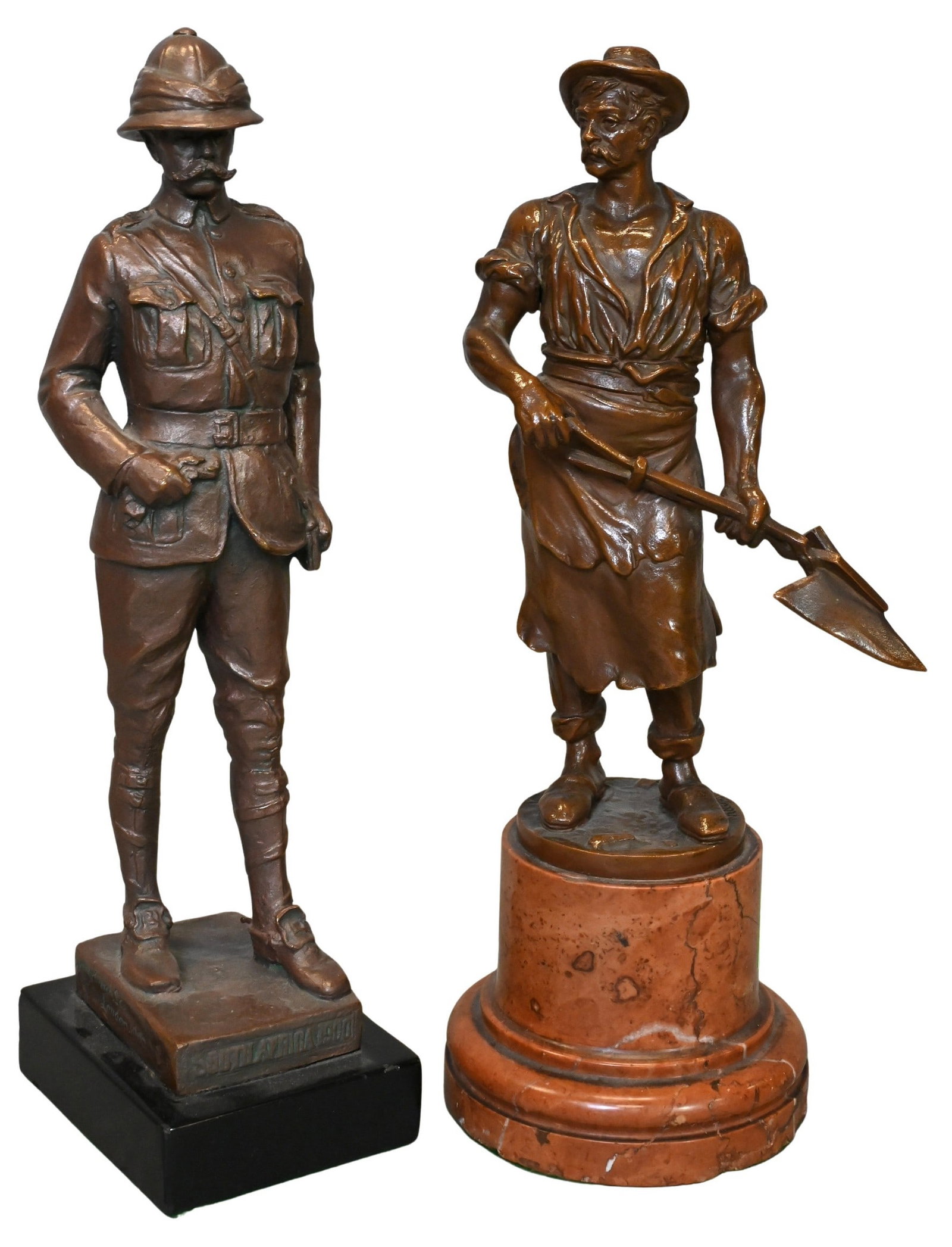 Two Figural Bronzes: Two Figural Bronzes to include Rudolf Winder (Austrian 1842-D.) Worker with Shovel Bronze on marble pedestal base Signed on base Rud.Winder Height 10 3/4 inches Sydney March (British 1876-1968)