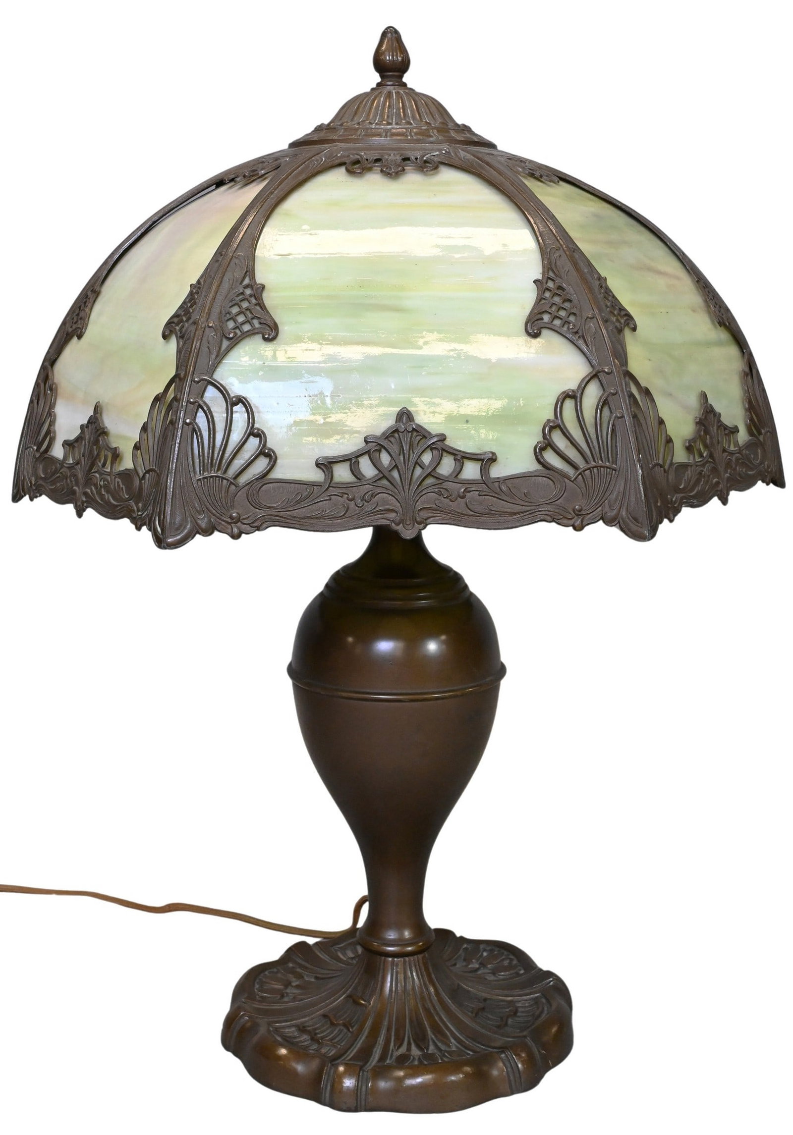 Art Nouveau Style Panel Shade Table Lamp: Art Nouveau Style Panel Shade Table Lamp six sided green slag glass shade over organic form metal base, woven chord height 23 inches