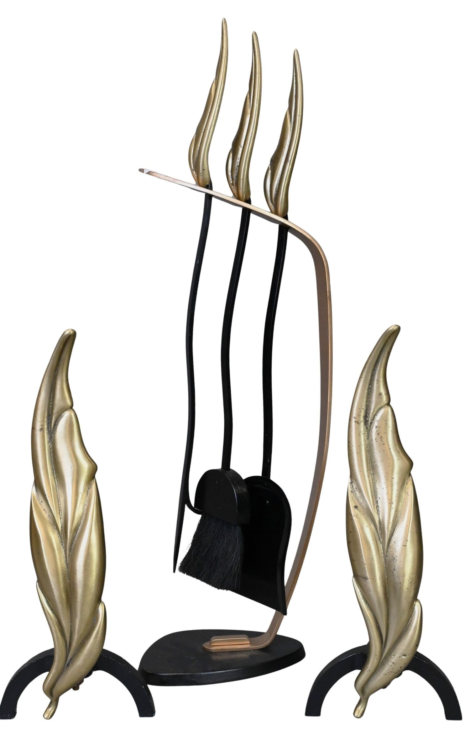 Mid Century Flamed Leaf Brass Fireplace Set (1 of 4)