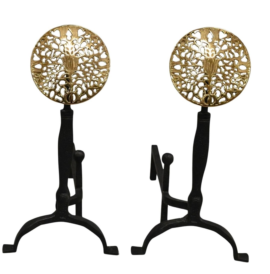 Pair of Virginia Metalcrafters Brass and Iron Sunflower Andirons: Pair of Virginia Metalcrafters Brass and Iron Sunflower Andirons height 25 inches