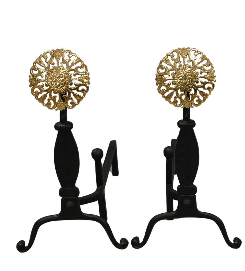 Pair of Virginia Metalcrafters Brass and Iron Sunflower Andirons: Pair of Virginia Metalcrafters Brass and Iron Sunflower Andirons height 22 1/2 inches