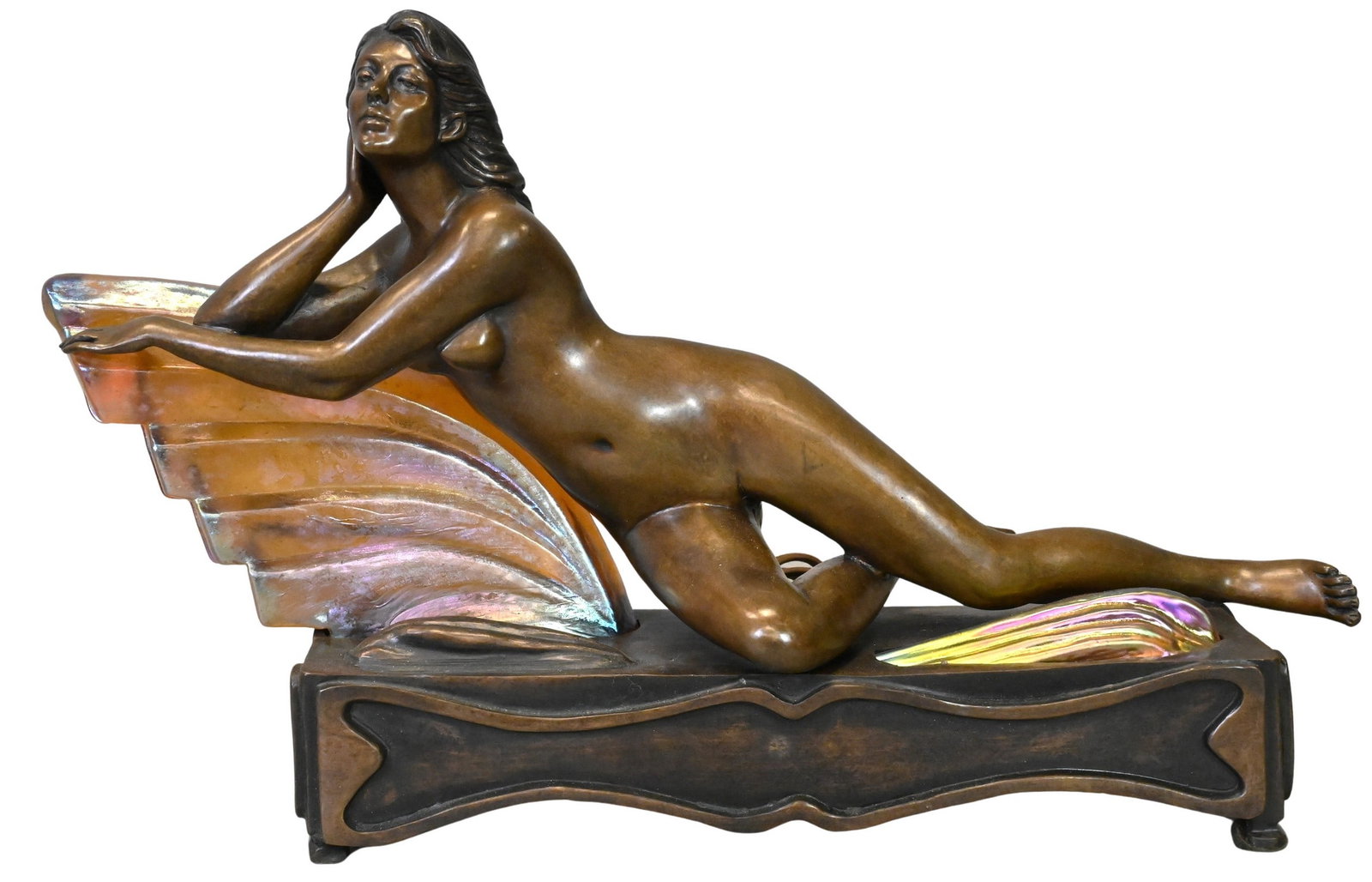 After Demetre Chiparus (Romanian 1886-1947): After Demetre Chiparus (Romanian 1886-1947) Art Nouveau Style Reclining Nude Bronze Lamp Cast as a reclining female nude having iridescent favrile style glass waveform shades Signed on the bottom D H