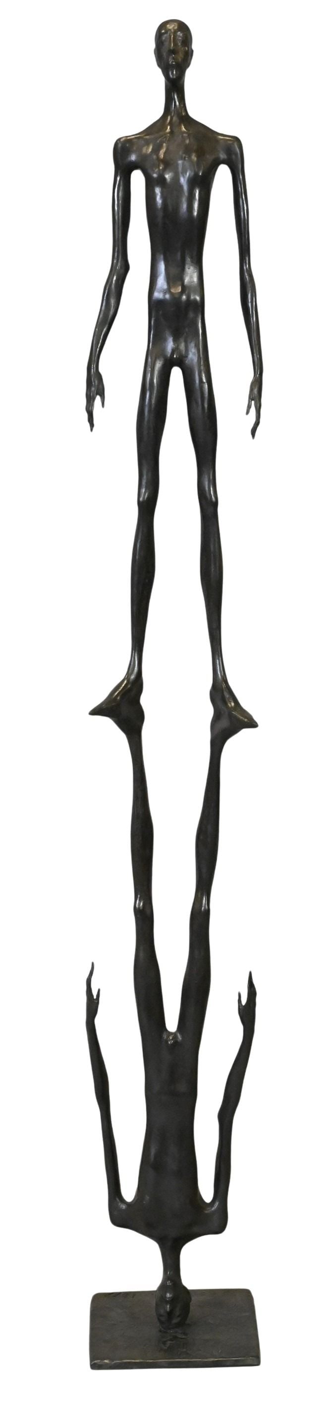 Dimitry Gerrman (Belarusian/American B.1955): Dimitry Gerrman (Belarusian/American B.1955) "Reflection", 1999 Bronze, edition 5/7 Vertical composition featuring two elongated mirrored figures, one inverted and joined head-to-head, rendered in