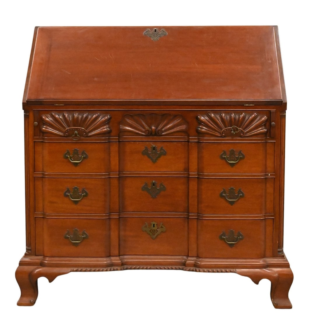 Margolis Bench-Made Chippendale Style Slant Front Desk: Margolis Bench-Made Chippendale Style Slant Front Desk having triple shell carved front flanked by quarter columns all set on ogee bracket feet, interior having block and shell carving and secret