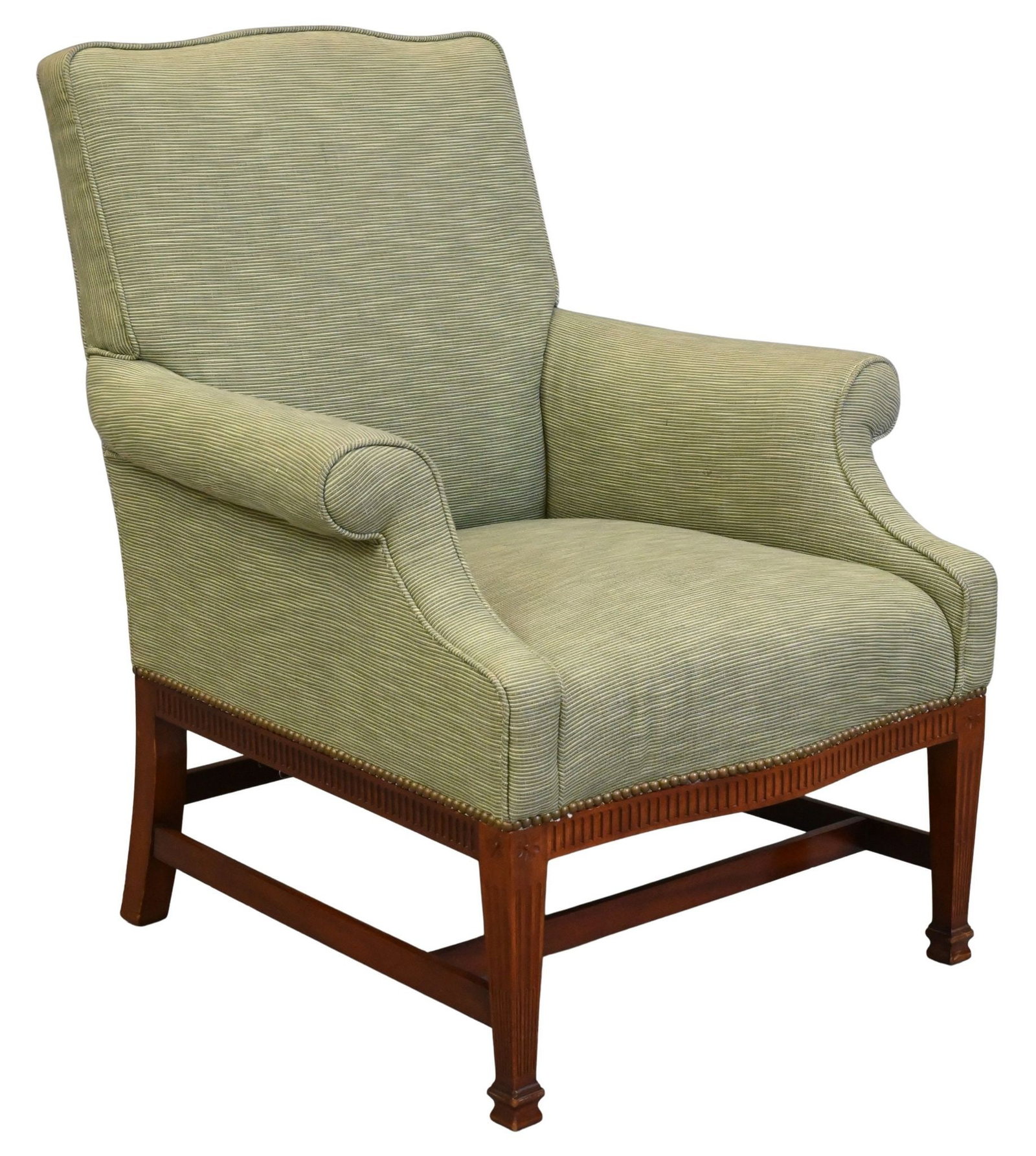 Margolis Mahogany Federal Style Upholstered Chair: Margolis Mahogany Federal Style Upholstered Chair having fluted frame and stop fluted tapered legs height 38 inches, width 24 inches, depth 28 inches