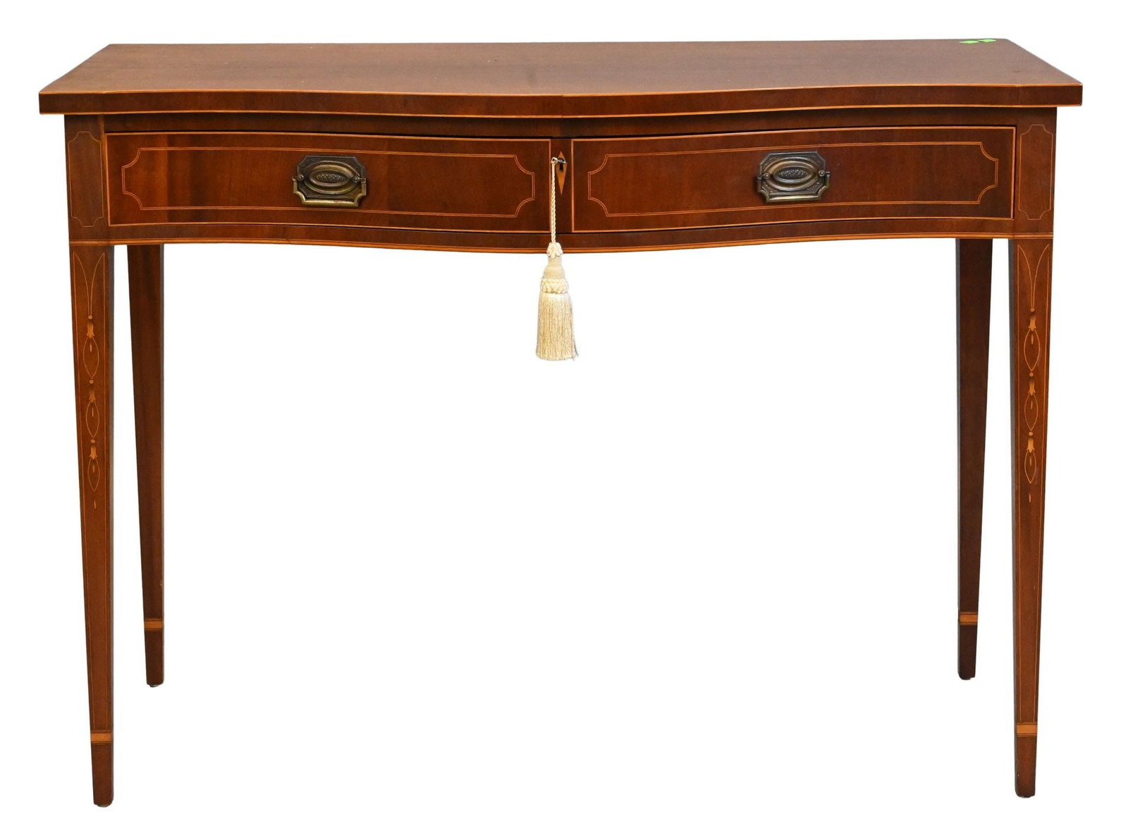 Margolis Mahogany Federal Style Serpentine Top: Margolis Mahogany Federal Style Serpentine Top conforming drawer all set on square tapered legs with bellflower inlays height 32 inches, top 21 1/2" x 44"