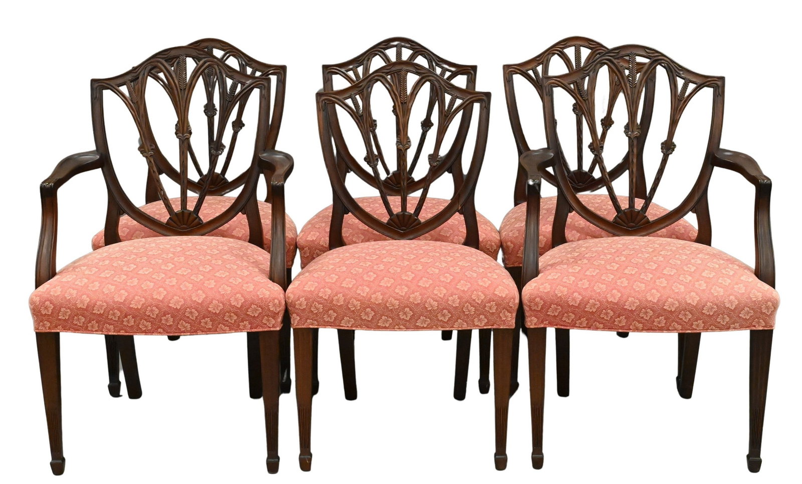 Margolis Set of Six Federal Style Dining Chairs: Margolis Set of Six Federal Style Dining Chairs having wheat carved backs, shield shaped, on carved stop fluted legs and over upholstered seats, two armchairs, four side chairs height 37 1/2 inches,