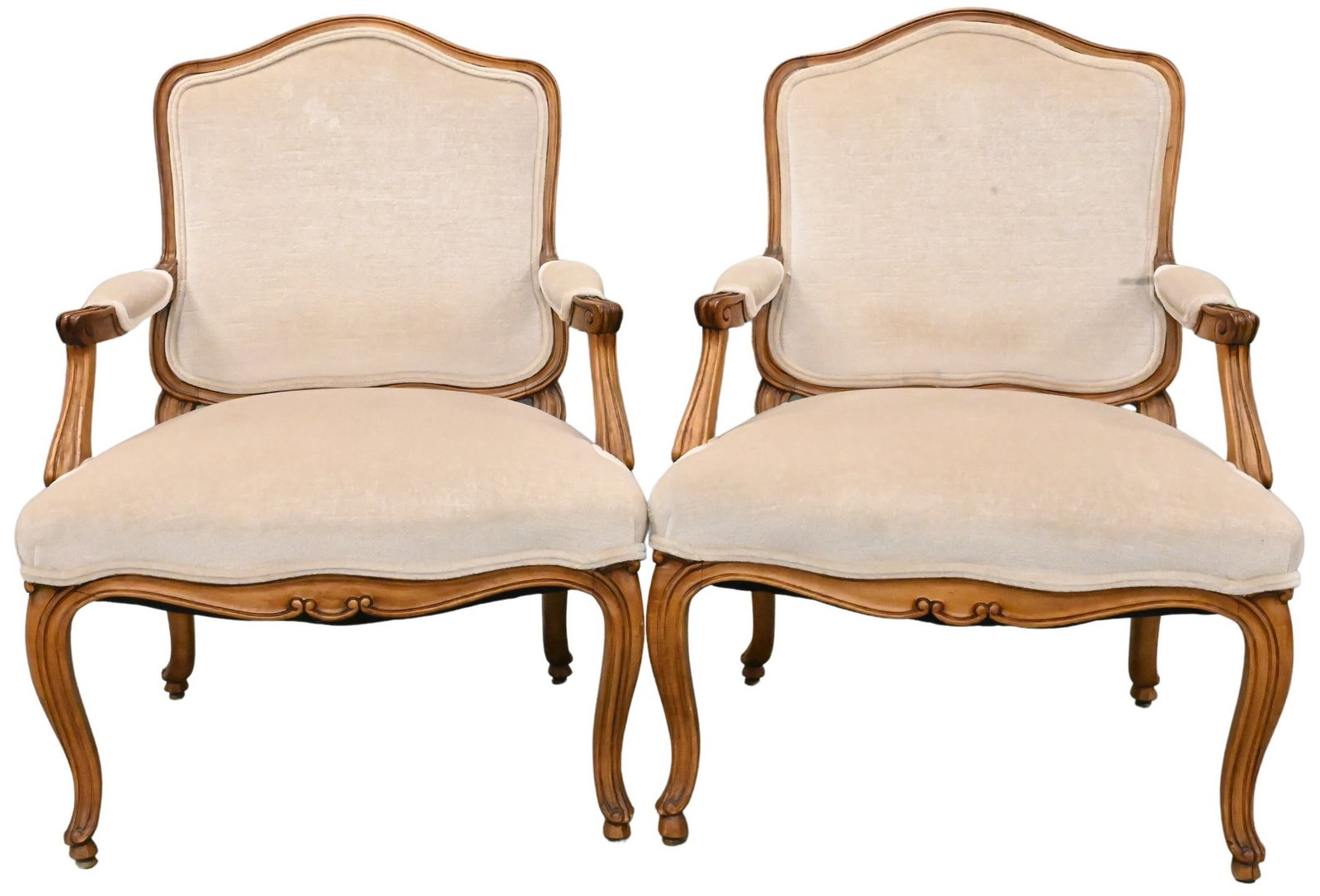 Pair of Upholstered Louis XV Style Fauteuils: Pair of Upholstered Louis XV Style Fauteuils set on cabriole legs height 36 1/2 inches, width 26 inches