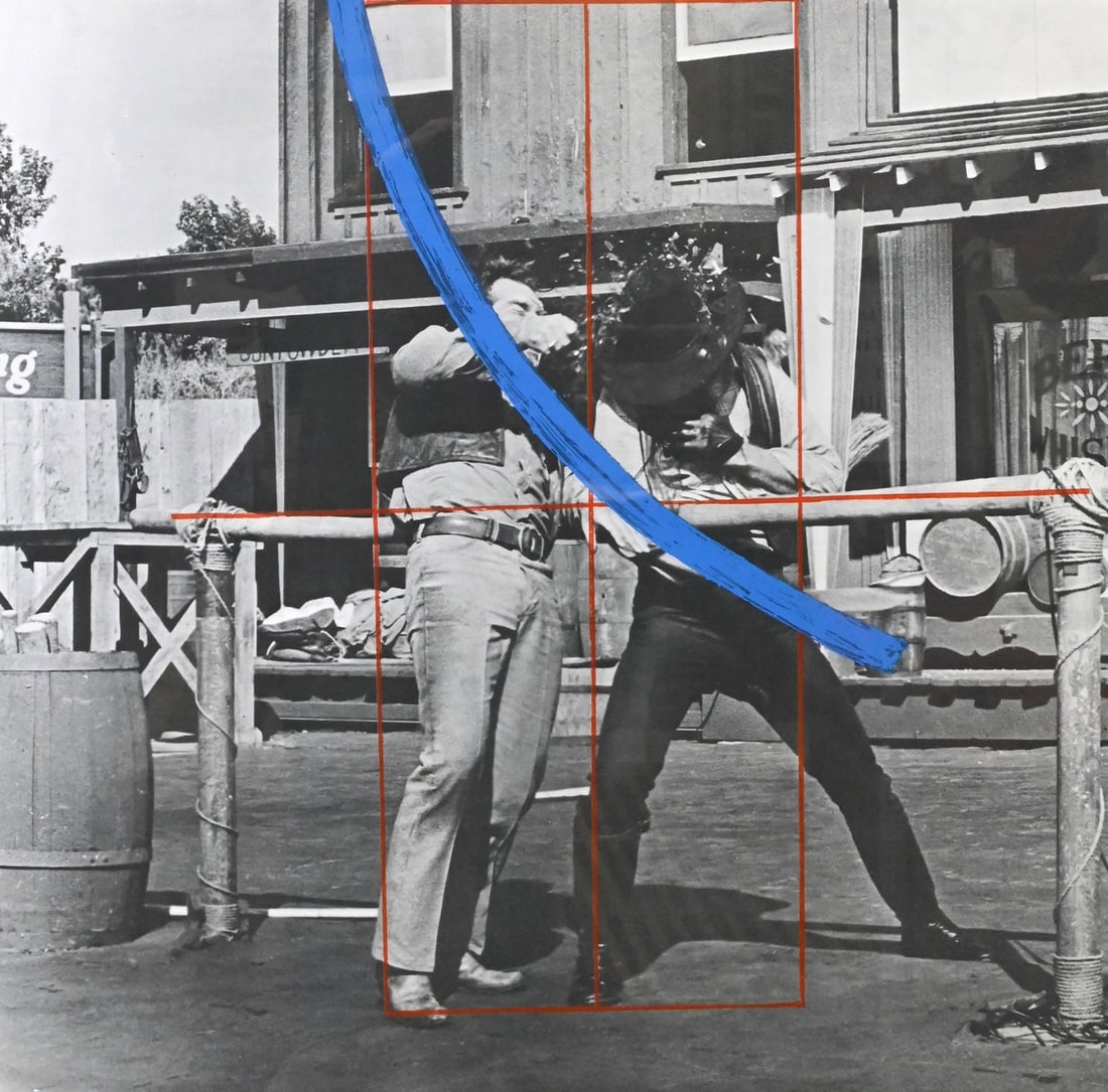 John Baldessari (American 1931-2020): John Baldessari (American 1931-2020) "Blue Masterstroke Over Red Diagram and Two Cowboys", 1989 Lithograph and screenprint on Arches 88 paper, edition 36/60, Publisher: Printed Matter, Inc., New
