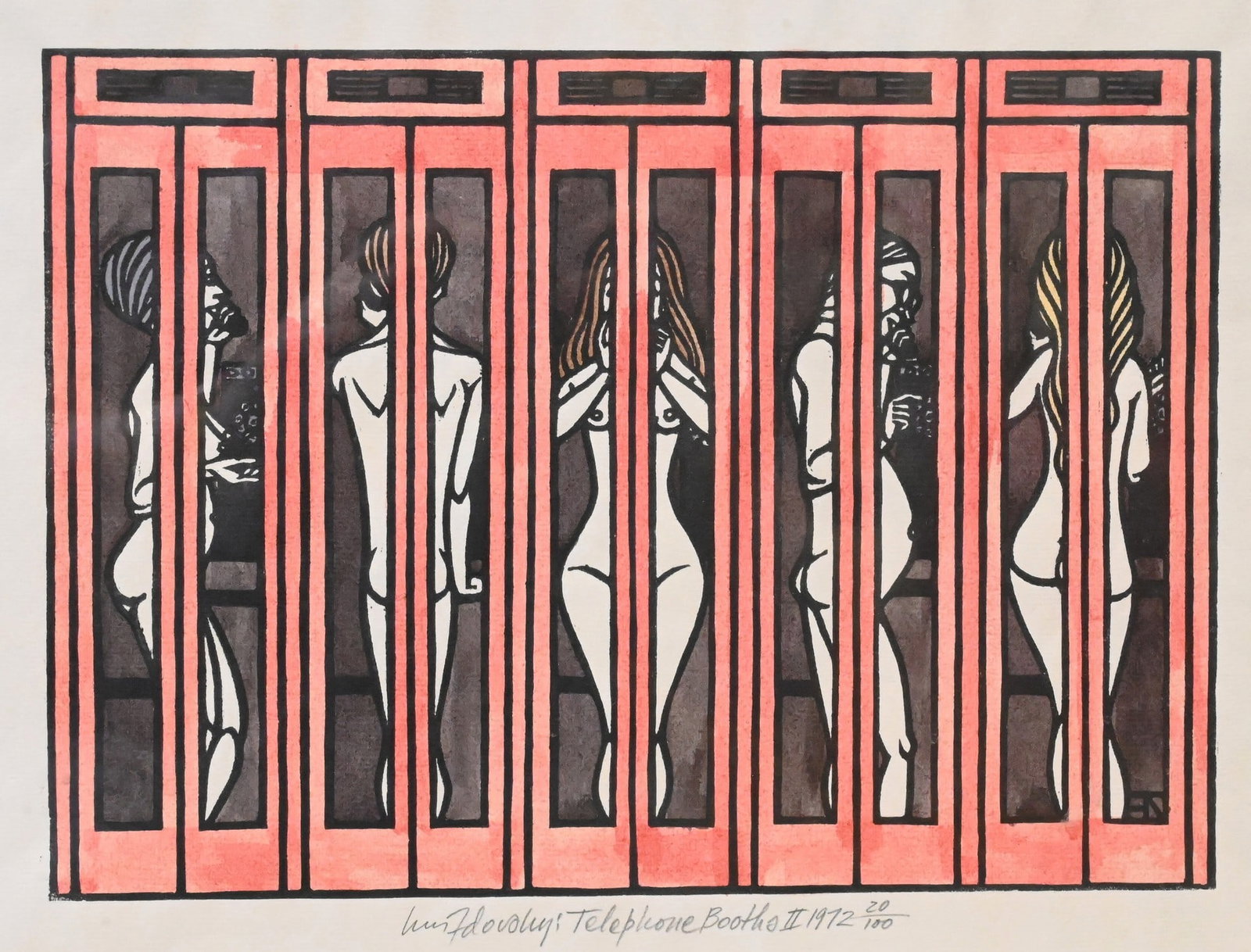 Jacques Hnizdovsky (Ukrainian American 1915-1985): Jacques Hnizdovsky (Ukrainian American 1915-1985) "Telephone Booths II", 1972 Woodblock in color, edition 20/100 Pencil signed and dated Hnizdovsky 1972, label verso with Associated American Artists