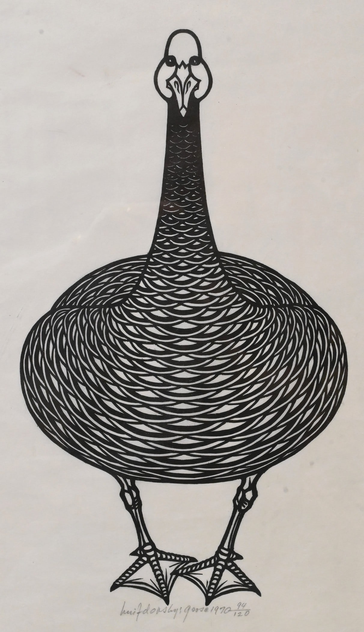Jacques Hnizdovsky (Ukrainian American 1915-1985): Jacques Hnizdovsky (Ukrainian American 1915-1985) "Goose", 1970 Woodblock, edition 94/120 Pencil signed and dated Hnizdovsky 1970 17" x 9 1/2" sight