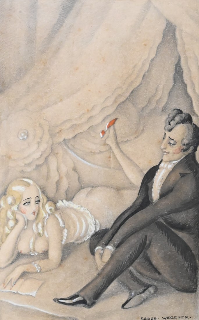 Gerda Wegener (Danish 1886-1940): Gerda Wegener (Danish 1886-1940) Gallant Scene from Fortunio Mixed media illustration, watercolor, gouache, pencil on paper depicting a semi nude woman laying on a bed beside a well dressed gentleman