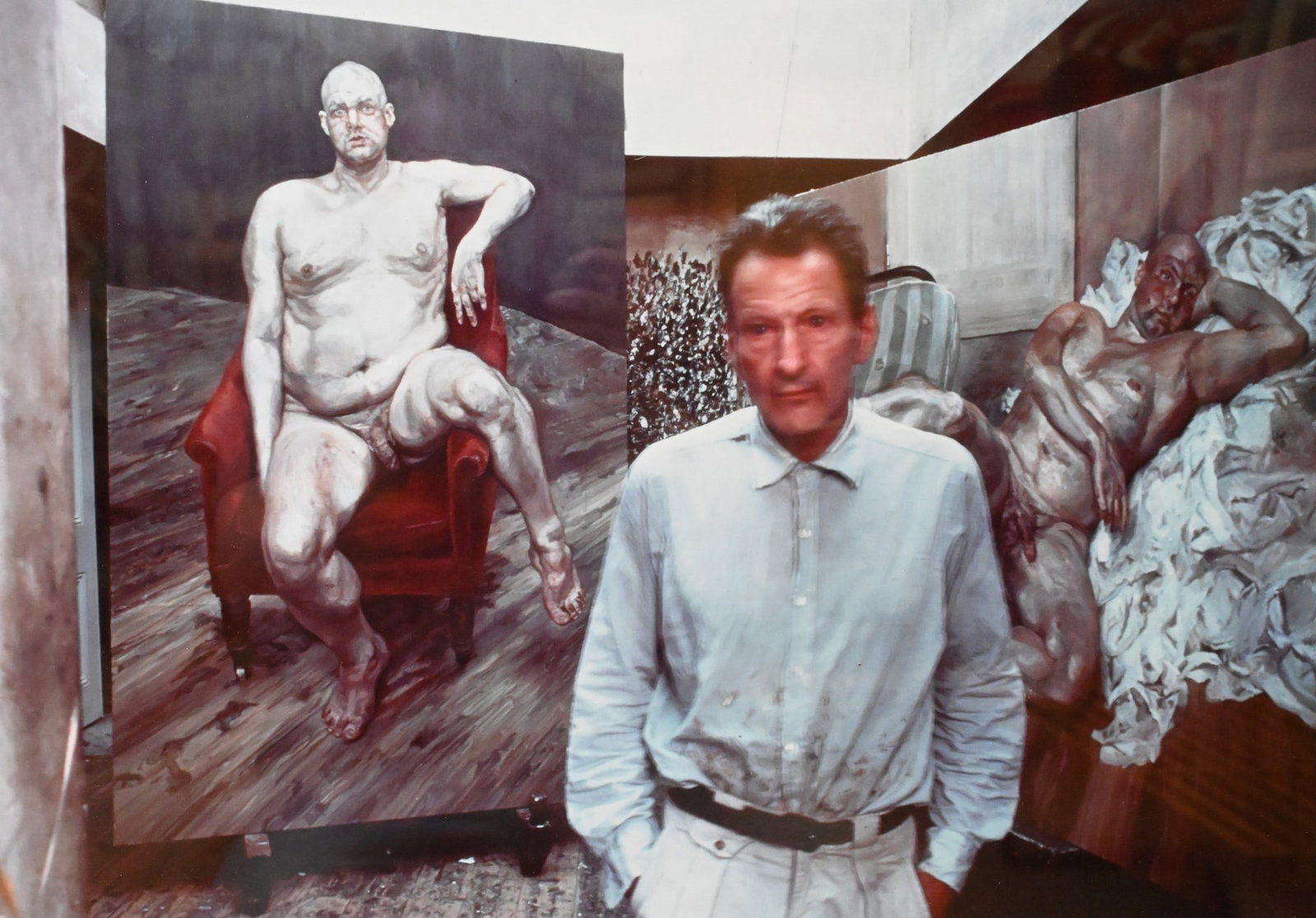 Bruce Bernard (British 1928-2000): Bruce Bernard (British 1928-2000) "Lucian Freud in Studio with Two Paintings of Leigh Bowery", 1993 Cibachrome print 1996, edition 14/25 Signed, titled verso B.Bernard with estate stamp 13 1/4" x 19