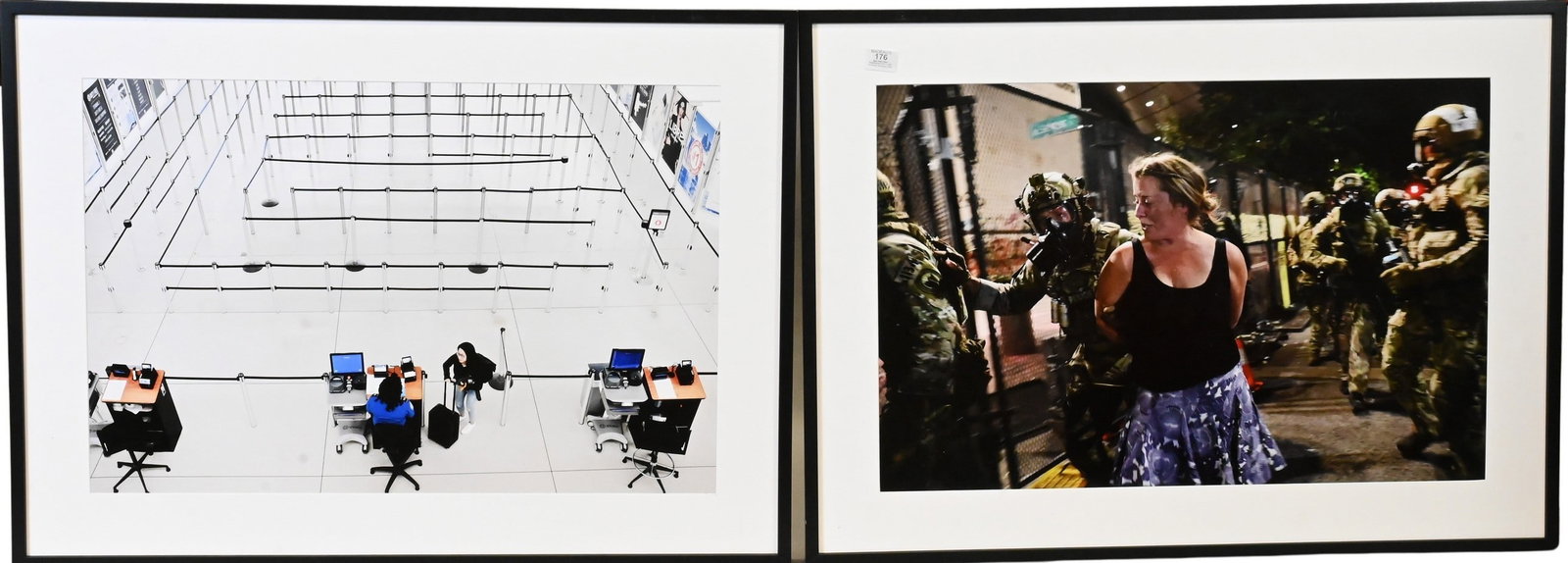 Four: Spencer Platt (American B.1970): Four: Spencer Platt (American B.1970) "Dude in Scrubs" "Blue Box with Hands" "Camo Guys" "Baggage Line" Photo lithographs 23 1/2" x 36" largest sight, 32 1/2" x 44 1/2" largest frame Provenance: